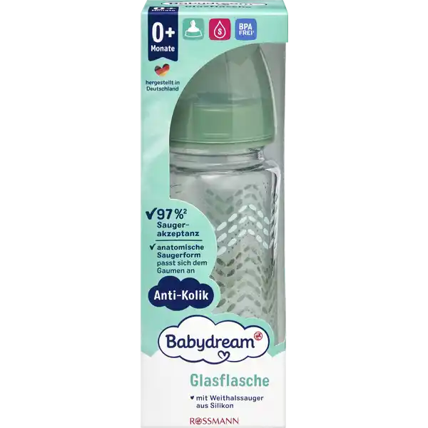 Babydream Glas Weithalsflasche Zacken 230 ml: Цвет: Produktbeschreibung und details Unsere AntiKolik Babyflaschen haben wir fr Ihr Baby und Sie entwickelt  fr entspannte Momente beim Flschchen geben von Geburt an Der anatomische Weithalssauger aus Silikon lsst viel Platz fr die Zunge und hnelt der Mutterbrust beim Stillen  fr ein natrliches Trinkgefhl und einem individuellen Saugrhythmus Hilft beim einfachen Anmischen von Babynahrung oder der Kontrolle wie viel Milch Ihr Kind zu sich genommen hat Hygienischer Flaschenkrper aus BorosilikatGlas Die Kappe verschliet Sauger und Flasche und sorgt dafr dass die Flasche auslaufsicher ist Der anatomisch geformte Sauger mit extra viel Platz fr die Zunge und AntiKolikAusgleichsventil fhrt Ihr Baby schnell zu einem ruhigen Trinkfluss ampamp sorgt mit jedem Flschchen fr entspannte Momente zwischen Ihnen und Ihrem Baby Das AntiKolikAusgleichsventil reduziert damit die Gefahr von Koliken und Unwohlsein  von  der Eltern besttigt Gre S  ab  Monaten mit Trinksauger in anatomischer Form Weithalssauger aus Silikon mit auslaufsicherer Schutzkappe  Saugerakzeptanz fr Muttermilch Tee Anfangsnahrung oder dnnflssige Sfte hilft beim einfachen Anmischen von Babynahrung oder der Kontrolle wie viel Milch Ihr Kind zu sich genommen hat BPAfrei  aus BorosilikatGlas und hochwertigem BisphenolA freiem Polypropylen Laut EU Verordnung NOVATEX Produkttest   n  von  der Babys akzeptierten den Sauger NOVATEX Produkttest   n  von  der Eltern hat die AntiKolik Belftung berzeugt Kontaktdaten Dirk Rossmann GmbH Isernhgener Strae   Burgwedel wwwrossmannde UrsprungslandHerkunftsort Deutschland Anwendung und Gebrauch Als Mutter wissen Sie Stillen ist das Beste fr Ihr Kind Babynahrung sollte nur wie vom Hersteller empfohlen zubereitet und gefttert werden Bitte wechseln Sie den Sauger nach ein bis zweimonatigem Gebrauch aus hygienischen und Sicherheitsgrnden aus Der anatomische Weithalssauger ist fr Babydream und NUK Weithalsflaschen geeignet auer Nature Sense Weitere Hinweise innen Glasflaschen sind sehr kochbestndig Sie nehmen keine Gerche oder Verfrbungen durch Tee oder Sfte an und sind bei richtiger Pflege sehr lange haltbar
https://www.rossmann.de/de/baby-und-spielzeug-babydream-glas-weithalsflasche-zacken-230-ml/p/2001234019736