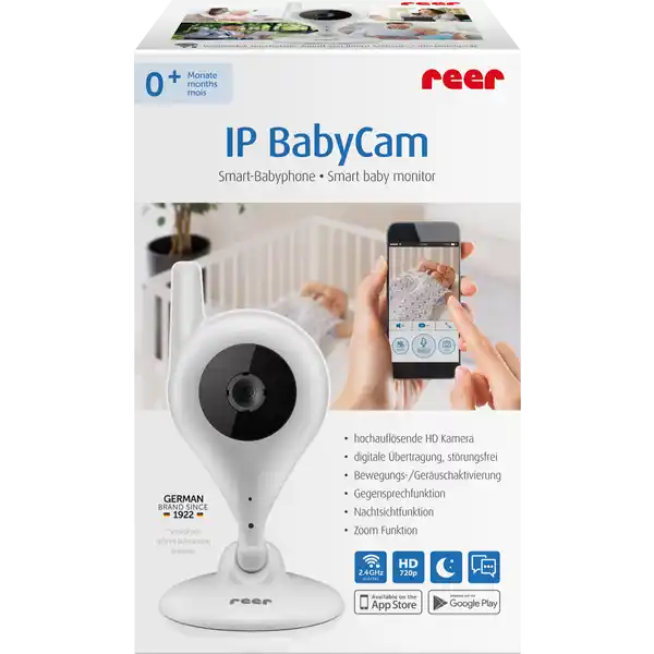 reer IP BabyCam: Цвет: Produktbeschreibung und details Die reer IP BabyCam ist das VideoBabyphone  Dank moderner IPTechnologie gibt es keine Reichweitenbegrenzung mehr fr dieses VideoBabyphone die Signalbertragung erfolgt per IPTechnologie Sie verbinden die reer IP BabyCam einfach mit Ihrem heimischen WLAN und knnen zuknftig jederzeit einen Blick auf Ihr Baby werfen  von berall wo Sie eine Internetverbindung haben auch vom anderen Ende der Welt Die Einrichtung und Steuerung der IP BabyCam erfolgt ber eine kostenlos verfgbare App die leicht zu bedienen ist Sie sind damit nicht mehr auf ein zustzliches Empfangsgert angewiesen wie bei herkmmlichen VideoBabyphonen Auf dem HDDisplay Ihres Handy Smartphone knnen Sie Ihr Baby dann in nie dagewesener Schrfe beobachten Die hochauflsende HDKamera verfgt dafr ber einen digitalen xZoom den Sie ber die App steuern und einen Nachtmodus der sich automatisch bei schlechten Lichtverhltnissen aktiviert Per PushBenachrichtigung hlt die IP BabyCam Sie immer auf dem Laufenden wie es Ihrem Baby gerade geht Die App zum VideoBabyphone  informiert Sie wenn Ihr Baby sich bewegt oder Gerusche von sich gibt So knnen Sie sofort nachsehen ob es dem Kind gut geht Per GegensprechFunktion knnen Sie dann sofort beruhigend auf Ihr Kind einwirken wenn es ntig wird Die Empfindlichkeit von Bewegungssensor und Geruschmesser der Kamera knnen Sie individuell ber die App einstellen sodass Sie nicht durch Fehlalarme unntig in Aufregung versetzt werden Sie knnen die IP BabyCam berall anbringen Auf dem Wickeltisch an der Wand und sogar an der Decke ber Ihrem Baby Mit ihrer praktischen Wandhalterung und dem drehbaren Kamerakopf lsst sie sich immer optimal ausrichten Der  groe Betrachtungswinkel der Kamera am VideoBabyphone erlaubt Ihnen immer den perfekten Blick auf Ihr Baby Hinweise zur Elektrogerte und Batterieentsorgung Hinweise zur Entsorgung von Elektrogerten und Batterien httpswwwrossmanndedeserviceundhilfeelektrogesetzbatteriegesetz
https://www.rossmann.de/de/baby-und-spielzeug-reer-ip-babycam/p/4013283803004