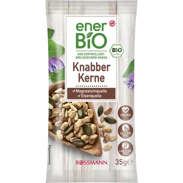 enerBiO Knabber Kerne: Цвет: Produktbeschreibung und details Ein zwei KnabbereiGenieen Sie kernig Unsere enerBiO Knabberkerne knacken knuspern crunchen auf kstlichste Art und Weise und versorgen Sie ganz nebenbei mit wertvollen Proteinen und Ballaststoffen Alle Produkte unserer ROSSMANNMarke enerBiO stammen aus kontrolliert biologischem Anbau Durch eine schonende sorgfltige Verarbeitung erhalten wir hierbei sowohl die Hochwertigkeit als auch den natrlichen Geschmack Zudem lassen wir unsere Produkte regelmig durch unabhngige Institute berprfen  so gewhrleisten wir eine gleichbleibende Qualitt Lebensmittelunternehmer Name Dirk Rossmann GmbH Adresse Isernhgener Strae   Burgwedel wwwrossmannde   Bio Zertifikat ATBIO UrsprungslandHerkunftsort EULandwirtschaft Testurteile Qualittssiegel ampamp Verbandszeichen Rechtlich vorgeschriebene Produktbezeichnung Bio KanbberKerne Mischung aus gersteten und gesalzenen Sojabohnen Krbiskernen sowie Sonnenblumenkernen Zutaten  SOJABOHNEN   Krbiskerne  Sonnenblumenkerne Meersalz Laktosegehalt unter  g g aus kontrolliert biologischem Anbau Kann Spuren von SCHALENFRCHTEN enthalten Nhrwerte Durchschnittliche Nhrwertangaben pro  g Energie  kj   kcal Fett  g davon  gesttigte Fettsuren  g Kohlenhydrate  g davon  Zucker  g Ballaststoffe  g Eiwei  g Salz  g NRV Magnesium  mg   Eisen  mg   Gebrauch Aufbewahrung und Verwendung Aufbewahrungs und Verwendungsbedingungen Trocken lagern und vor Wrme schtzen Warnhinweise und wichtige Hinweise Warnhinweise Unter Schutzatmosphre verpackt Bitte achten Sie auf eine abwechslungsreiche und ausgewogene Ernhrung und eine gesunde Lebensweise
https://www.rossmann.de/de/lebensmittel-enerbio-knabber-kerne/p/4305615678580