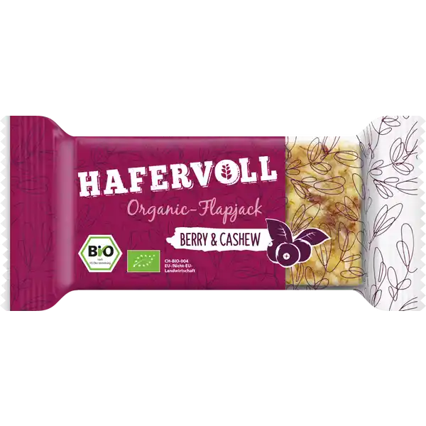 HAFERVOLL Organic Flapjack Berry & Cashew: Цвет: Produktbeschreibung und details im Ofen gebacken ohne Zusatzstoffe handmade Lebensmittelunternehmer Name HAFERVOLL GmbH Adresse Senefelderstrae   Bergisch Gladbach wwwhafervollde Bio Zertifikat CHBIO UrsprungslandHerkunftsort EUNichtEULandwirtschaft Testurteile Qualittssiegel ampamp Verbandszeichen Rechtlich vorgeschriebene Produktbezeichnung BioHaferriegel mit BioCashewkernen und BioCranberries Zutaten HAFERFLOCKEN  Honig Sonnenblumenl CASHEWKERNE   Apfelsaftkonzentrat getrocknete Cranberries  Leinsamen aus kontrolliert biologischem Anbau Kann Spuren von MILCH  SOJA und andern NSSEN enthalten Nhrwerte Durchschnittliche Nhrwertangaben pro  g pro  Portion  g Energie  kj   kcal  kj   kcal Fett  g  g davon  gesttigte Fettsuren  g  g Kohlenhydrate  g  g davon  Zucker  g  g Ballaststoffe  g  g Eiwei  g  g Salz  g  g Gebrauch Aufbewahrung und Verwendung Aufbewahrungs und Verwendungsbedingungen Vor Wrme geschtzt und trocken lagern
https://www.rossmann.de/de/lebensmittel-hafervoll-organic-flapjack-berry-und-cashew/p/4064888000732