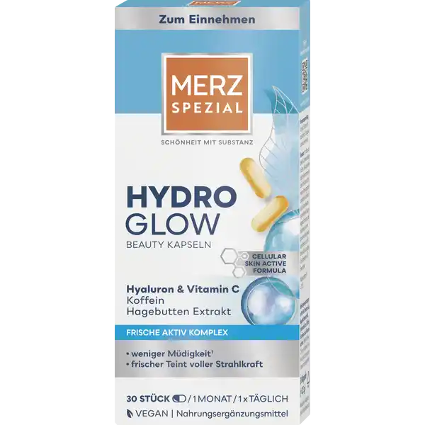 Merz Spezial Hydro Glow Beauty Kapseln: Цвет: https://www.rossmann.de/de/gesundheit-merz-spezial-hydro-glow-beauty-kapseln/p/4008491106870
Produktbeschreibung und details Die Merz Spezial Hydro Glow Beauty Kapseln mit ihrer Cellular Skin Active Formula enthalten einen Frische Aktiv Komplex und wurden entwickelt fr weniger Mdigkeit und einen frischen Teint voller Strahlkraft Merz Spezial Hydro Glow enthlt wichtige Nhrstoffe fr die Haut Hyaluron ampamp Vitamin C Hagebutten Extrakt sowie dem bekannten Wirkstoff Koffein und trgt bei zur Verringerung von Mdigkeit und Ermdung dank Vitamin B B Niacin und Folat zu einer normalen Kollagenbildung fr eine normale Funktion der Haut dank Vitamin C und zum Schutz der Zelle vor oxidativem Stress zur Erhaltung normaler Haut dank Biotin zu einer Funktion bei der Zellteilung mit Vitamin B Eisen und Folsure Skin Energy ist speziell fr Frauen ab  Jahren entwickelt fr einen frischen Teint voller Strahlkraft mit Vitamin B B und C Niacin Eisen und Folat fr die Haut ab  Jahren laktose und glutenfrei vegan ohne tierische Inhaltsstoffe Kontaktdaten Merz Consumer Care GmbH Eckenheimer Landstrae   Frankfurt am Main wwwmerzspezialde Zutaten Kapselhlle Hydroxypropylmethylcellulose Natriumhyaluronat  Ascorbinsure Vitamin C HagebuttenTrockenextrakt  Koffein  Fllstoff Mikrokristalline Cellulose EisenIIsulfat Coenzym Q  Nicotinamid Niacin Trennmittel Calciumsilikat Maltodextrin Trennmittel Magnesiumsalz der Speisefettsure Riboflavin Vitamin B Farbstoff Eisenoxid gelb Folsure DBiotin Natriumselenat Cyanocobalamin Vitamin B Nhrwerte Durchschnittliche Nhrwertangaben pro  Portion Tagesdosis Tagesdosis Referenzwert Referenzmenge fr die tgliche Zufuhr an Vitaminen und Mineralstoffen NRV Eisen  mg   Selen  g   Vitamin C  mg   Vitamin B Riboflavin  mg   Niacin  mg   Folsure  g   Vitamin B  g   Biotin  g   Anwendung und Gebrauch  x tglich  Kapseln mit ausreichend Flssigkeit unzerkaut verzehren Gebrauch Aufbewahrung und Verwendung Aufbewahrungs und Verwendungsbedingungen Vor Hitze und direkter Lichteinstrahlung schtzen Fr kleine Kinder unzugnglich aufbewahren Warnhinweise und wichtige Hinweise Warnhinweise Nahrungsergnzungsmittel sind kein Ersatz fr eine abwechslungsreiche und ausgewogene Ernhrung die zusammen mit einer gesunden Lebensweise von Bedeutung ist Die empfohlene tgliche Verzehrsmenge darf nicht berschritten werden Fr kleine Kinder unzugnglich aufbewahren Enthlt Koffein Fr Kinder und schwangere Frauen nicht empfohlen  mg Koffein pro KapselBitte informieren Sie bei anstehenden Laboruntersuchungen Ihren Arzt ber die Einnahme eines Biotinhaltigen Produktes