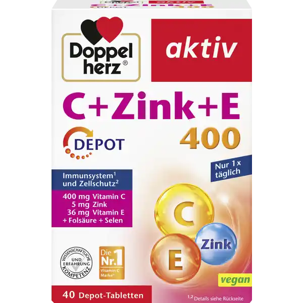 Doppelherz aktiv C+Zink+E 400 Depot: Цвет: https://www.rossmann.de/de/gesundheit-doppelherz-aktiv-czinke-400-depot/p/4009932003543
Produktbeschreibung und details Vitamin C fr die normale Funktion des Immunsystems ampamp den Zellschutz Lebensmittelunternehmer Name Queisser Pharma GmbH ampamp Co KG Adresse Schleswiger Strae   Flensburg Deutschland UrsprungslandHerkunftsort Deutschland Rechtlich vorgeschriebene Produktbezeichnung Nahrungsergnzungsmittel Tabletten mit Zink Selen Vitamin C E und Folsure Zutaten Fllstoff Dicalciumphosphat LAscorbinsure Fllstoff Cellulose berzugsmittel Hydroxypropylmethylcellulose DLalphaTocopherylacetat modifizierte Strke Zinkgluconat Trennmittel Speisefettsuren Trennmittel Talkum Trennmittel Magnesiumsalze der Speisefettsuren Trennmittel Siliciumdioxid Farbstoff Titandioxid berzugsmittel Hydroxypropylcellulose Kokosl Folsure Natriumselenit Nhrwerte Durchschnittliche Nhrwertangaben pro  Portion  Stck NRV Zink  mg   Selen  g   Vitamin E  mg   Vitamin C  mg   Folsure  g   Anwendung und Gebrauch Tglich  Tablette nach einer Mahlzeit mit ausreichend Flssigkeit unzerkaut einnehmen Gebrauch Aufbewahrung und Verwendung Aufbewahrungs und Verwendungsbedingungen Bei Raumtemperatur lagern Warnhinweise und wichtige Hinweise Warnhinweise Die angegebene empfohlene tgliche Verzehrsmenge darf nicht berschritten werden Nahrungsergnzungsmittel sind kein Ersatz fr eine ausgewogene und abwechslungsreiche Ernhrung und gesunde Lebensweise Fr kleine Kinder unzugnglich aufbewahren Nicht fr Kinder unter  Jahren geeignet