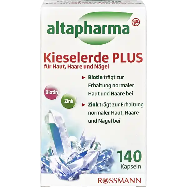 altapharma Kieselerde Plus Kapseln: Цвет: https://www.rossmann.de/de/gesundheit-altapharma-kieselerde-plus-kapseln/p/4305615981260
Produktbeschreibung und details Haut Haare und Ngel knnen durch schdliche Umwelteinflsse einseitige Ernhrung oder Stress negativ beeinflusst werden Dies kann zur Folge haben dass sie nicht mehr ihre volle Schnheit entfalten knnen Fr den Erhalt einer normalen Haut Haar und Nagelbildung bentigt der Krper eine ausreichende Nhrstoffversorgung Die Bildung von Haut Haaren und Ngeln sind komplexe Prozesse an der verschiedene Nhrstoffe einen Anteil haben Viele der zentralen Nhrstoffe sind in den altapharmaKieselerdeKapseln enthalten Das Vitamin Biotin trgt zur Erhaltung normaler Haut und Haare bei Zink ist ein Mineralstoff der bei der Erhaltung normaler Haut Haare und Ngel eine Rolle spielt Zustzlich liefert eine Tagesdosis altapharma Kieselerde PLUS mg Kieselerde Zink trgt zur Erhaltung normaler Haut Haare und Ngel bei Biotin trgt zur Erhaltung narmaler Haut und Haare bei Kontaktdaten Dirk Rossmann GmbH Isernhgener Str   Burgwedel wwwrossmannde Zutaten Kieselerde Gelatine Fllstoff Calciumcarbonat Cellulose Trennmittel Siliziumdioxid Magnesiumsalze der Speisefettsuren Zinkoxid DBiotin Nhrwerte Durchschnittliche Nhrwertangaben pro  Portion pro  g  Stck Tagesdosis Referenzwert  Energie  kj   kcal  kj   kcal Fett  g  g davon  gesttigte Fettsuren  g  g Kohlenhydrate  g  g davon  Zucker  g  g Eiwei  g  g Salz  g  g NRV Zink  mg   Biotin  g   Anwendung und Gebrauch x tglich  Kapseln mit ausreichend Flssigkeit zB ein Glas Wasser zu den Mahlzeiten verzehren Gebrauch Aufbewahrung und Verwendung Aufbewahrungs und Verwendungsbedingungen Die Produkte trocken vor Wrme und Licht geschtzt in der Packung aufbewahren Bitte auerhalb der Reichweite von kleinen Kindern aufbewahren Warnhinweise und wichtige Hinweise Warnhinweise Schwangere sollten vor dem Verzehr ihren Arzt befragen Nicht fr Kinder und Jugendliche unter  Jahren geeignet Die empfohlene Verzehrmenge darf nicht berschritten werden Nahrungsergnzungsmittel sind kein Ersatz fr eine abwechslungsreiche und ausgewogene Ernhrung sowie gesunde Lebensweise Auf die Einnahme weiterer zinkhaltiger Nahrungsergnzungsmittel sollte verzichtet werden Das Produkt enthlt Biotin Personen die sich einem Labortest unterziehen mssen sollten ihre rztinihren Arzt oder das Laborpersonal darber informieren