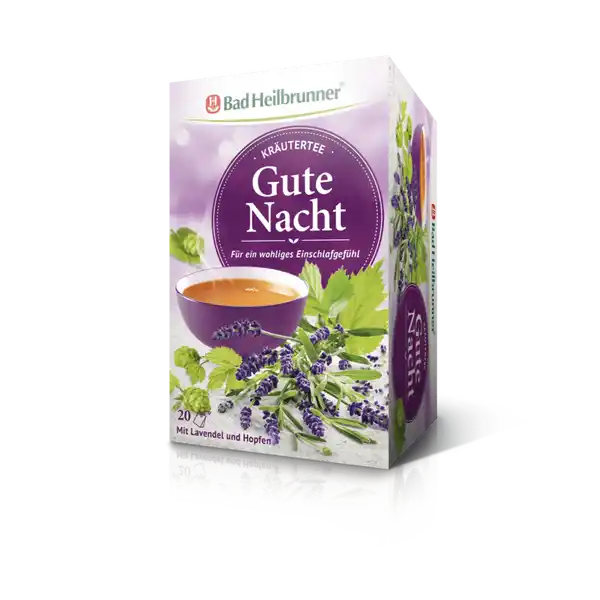 Bad Heilbrunner Krutertee Gute Nacht mit Lavendel und Hopfen: Цвет: Produktbeschreibung und details Mit dem Bad Heilbrunner Gute Nacht Tee kann daraus ein wunderbar duftendes Ritual werden Naturreiner Lavendel verstrmt olfaktorisch ein herrlich entspanntes Gefhl In der Kombination mit Hopfen und Melisse ergibt das eine harmonische Kruterteemischung deren Genuss fr die Einstimmung auf eine geruhsame Nacht und ein wohliges Einschlafgefhl sorgen kann Schlafen und trumen Sie gut Lebensmittelunternehmer Name Bad Heilbrunner Naturheilmittel GmbH ampamp Co KG Adresse D Bad Heilbrunn wwwbadheilbrunnerde Rechtlich vorgeschriebene Produktbezeichnung Krutertee mit Lavendel und Hopfen Zutaten Melisse  Orangenbltter Zitronengras Brombeerbltter Lavendel  Sholzwurzel Zimt Brombeerbltter s Hopfenzapfen  Von Natur aus glutenfrei Nhrwerte Durchschnittliche Nhrwertangaben pro  Portion pro  ml pro Filterbeutel ml Wasser Energie  kj   kcal  kj   kcal Fett  g  g davon  gesttigte Fettsuren  g  g Kohlenhydrate  g  g davon  Zucker amplt  g amplt  g Eiwei  g  g Salz  g  g Anwendung und Gebrauch Bitte achten Sie auf eine abwechslungsreiche ausgewogene Ernhrung und eine gesunde Lebensweise Gebrauch Aufbewahrung und Verwendung Aufbewahrungs und Verwendungsbedingungen Lagerhinweis Lichtgeschtzt khl und trocken lagern Zubereitung Wichtiger Hinweis Immer mit sprudelnd kochendem Wasser aufgieen und mindestens  Minuten ziehen lassen Nur so erhalten Sie ein sicheres Lebensmittel Nehmen Sie  Filterbeutel pro Tasse oder Glas
https://www.rossmann.de/de/gesundheit-bad-heilbrunner-kraeutertee-gute-nacht-mit-lavendel-und-hopfen/p/4008137008742