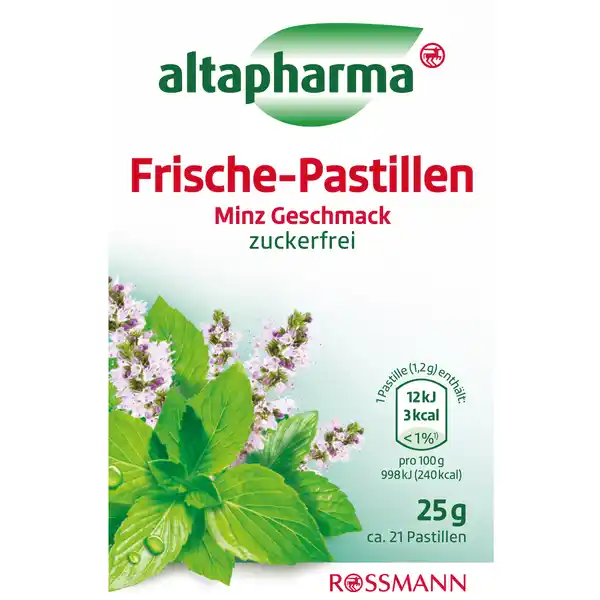 altapharma Frische-Pastillen Minz Geschmack: Цвет: Produktbeschreibung und details Altapharma Frische  Pastillen sind eine wohlschmeckende Erfrischung fr zu Hause und unterwegs Der erfrischend khle Minz Geschmack sorgt fr freies Durchatmen und ein angenehm frisches Geschmackserlebnis Fr Veganer geeignet Zuckerfrei Lebensmittelunternehmer Name Dirk Rossmann GmbH Adresse Isernhgener Strae   Burgwedel wwwrossmannde Rechtlich vorgeschriebene Produktbezeichnung FrischePastillen mit Minz Geschmack und mit Sungsmitteln Zutaten Sungsmittel Sorbit natrliches MinzAroma Trennmittel Magnesiumsalze der Speisefettsuren pflanzliche le Palm Kokos Sungsmittel Aspartam Nhrwerte Durchschnittliche Nhrwertangaben pro  g Energie  kj   kcal Fett  g davon  gesttigte Fettsuren  g Kohlenhydrate  g davon  Zucker  g  mehrwertige Alkohole  g Eiwei  g Salz  g Warnhinweise und wichtige Hinweise Warnhinweise Enthlt eine Phenylalaninquelle Kann bei bermigem Verzehr abfhrend wirken
https://www.rossmann.de/de/gesundheit-altapharma-frische-pastillen-minz-geschmack/p/4305615619651