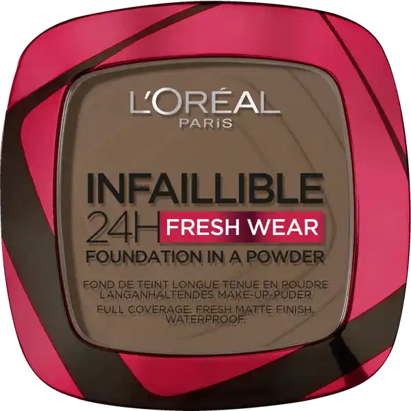 LOral Paris Infaillible H Fresh Wear MakeUpPuder  Ebony: Цвет: Produktbeschreibung und details Das Infaillible H Fresh Wear MakeUpPuder deckt langanhaltend und mattiert zuverlssig Das Infaillible H Fresh Wear MakeUpPuder von LOral Paris vereint die Deckkraft und den Halt eines MakeUps mit dem MattEffekt eines Puders Die langanhaltenden Pigmente sorgen fr eine hohe Deckkraft  ganz ohne Verblassen Die leichte Formel gibt dem Teint ein zuverlssig mattes Finish Die PuderTextur sorgt fr ein angenehmes Tragegefhl ohne ein Gefhl von trockener Haut zu hinterlassen Die atmungsaktive Formel hlt bis zu H ist wasserfest schweifest und hlt auch bei hoher Luftfeuchtigkeit Neben MakeUp Primer und Concealer ergnzt das MakeUpPuder die HighPerformance InfaillibleReihe von LOral Paris Einem langanhaltenden Look steht nichts mehr im Wege Kontaktdaten LORAL Deutschland GmbH  Geschftsbereich LOral Paris Johannstrae   Dsseldorf UrsprungslandHerkunftsort Italien Anwendung und Gebrauch Das MakeUpPuder mit dem enthaltenen Schwmmchen in kreisenden Bewegungen auf das Gesicht auftragen Es kann ganz ohne MakeUp alleinstehend verwendet werden Gebrauch Aufbewahrung und Verwendung Aufbewahrungs und Verwendungsbedingungen Khl und trocken lagern Inhaltsstoffe TALC  ZINC STEARATE  DIMETHICONE  ZEA MAYS STARCH  CORN STARCH  CAPRYLICCAPRIC TRIGLYCERIDE  SILICA  DIMETHICONEVINYL DIMETHICONE CROSSPOLYMER  TRIETHOXYCAPRYLYLSILANE  CAPRYLYL GLYCOL  ETHYLHEXYLGLYCERIN  POTASSIUM SORBATE  SILICA NANO  SILICA  PARFUM  FRAGRANCE  ISOCETETH  ALARIA ESCULENTA EXTRACT  HEXYL CINNAMAL  BENZYL SALICYLATE  LINALOOL  ALPHAISOMETHYL IONONE  BENZYL ALCOHOL  CITRONELLOL  TOCOPHEROL   MAY CONTAIN CI   TITANIUM DIOXIDE  CI  CI  CI   IRON OXIDES  MICA  CI   YELLOW  LAKE  CI   ULTRAMARINES  CI   RED  LAKE FIL C
https://www.rossmann.de/de/make-up-loreal-paris-infaillible-24h-fresh-wear-make-up-puder-390-ebony/p/3600524028848