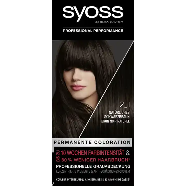 Syoss Professional Performance Permanente Coloration  Natrliches Schwarzbraun: Цвет: Produktbeschreibung und details SYOSS Color  Intensive langanhaltende Farben und bis zu  weniger Haarbruch Die SYOSS Coloration verleiht ein intensives langanhaltendes Farbergebnis mit professioneller Grauabdeckung und bis zu  weniger Haarbruch Die konzentrierten Farbpigmente dringen tief in alle Haarschichten ein fr bis zu  Wochen Farbintensitt und professionelle Grauabdeckung Die SalonPlex AntiSchdigungsPflegeTechnologie gleicht Haarschden aus und erneuert die Haarfaserbindungen Der Conditioner mit Keratin versiegelt die Haarfaser fr eine weiche und krftige Haaroberflche Fr verbesserte sichtbare Haarqualitt und bis zu  weniger Haarbruch Die Produktvorteile im Detail intensive langanhaltende Farbe professionelle Grauabdeckung Bis zu  weniger Haarbruch bis zu  Wochen Farbintensitt Inhalt  Tube ColorCreme  ml  Anwendungsflasche mit Entwicklerlotion  ml  Sachet SalonPlex Conditioner  ml  Gebrauchsanweisung  Paar Handschuhe im Vergleich zu unbehandeltem Haar Kontaktdaten Schwarzkopf ampamp Henkel a division of Henkel AG ampamp Co KGaA D Dsseldorf wwwsyossde    Anwendung und Gebrauch Bitte Gebrauchsanweisung beachten Inhaltsstoffe ColorCremeCrme colorante Aqua Water Eau Cetearyl Alcohol Ammonium Hydroxide Glyceryl Stearate SE TolueneDiamine Sulfate Ceteareth Octyldodecanol Sodium Laureth Sulfate Resorcinol Sodium Cetearyl Sulfate Ethanolamine Parfum Fragrance mAminophenol Oleic Acid Glycerin Sodium Sulfite Etidronic Acid Carbomer AminoHydroxyethylaminoanisole Sulfate Potassium Hydroxide Ascorbic Acid Serine Linalool Citronellol Linoleamidopropyl PGDimonium Chloride Phosphate Propylene Glycol Sodium Sulfate Benzoic Acid EntwicklerlotionLotion rvlatrice Aqua Water Eau Hydrogen Peroxide Cetearyl Alcohol PEG Castor Oil Etidronic Acid Sodium Cetearyl Sulfate Dicarboxypyridine Disodium Pyrophosphate Potassium Hydroxide Sodium Benzoate SalonPlex ConditionerBaume SalonPlex Aqua Water Eau Cetearyl Alcohol Behentrimonium Chloride Dimethicone AmodimethiconeMorpholinomethyl Silsesquioxane Copolymer Magnesium Citrate Magnesium Chloride Hydrolyzed Keratin Polyquaternium Steardimonium Hydroxypropyl Hydrolyzed Keratin Panthenol Isopropyl Myristate Glyceryl Stearate Citric Acid Phenoxyethanol Stearamidopropyl Dimethylamine Isopropyl Alcohol Sodium Methylparaben Parfum Fragrance Dicaprylyl Carbonate Laureth Laureth Sodium Hydroxide Linalool Hexyl Cinnamal Salicylic Acid Trideceth Lauryl Glucoside Benzyl Alcohol Potassium Sorbate Sodium Benzoate Warnhinweise und wichtige Hinweise Warnhinweise Haarfrbemittel knnen schwere allergische Reaktionen hervorrufen Bitte folgende Hinweise lesen und beachten Dieses Produkt ist nicht fr Personen unter  Jahren bestimmt Temporre Ttowierungen mit schwarzem Henna knnen das Allergierisiko erhhen Frben Sie Ihr Haar nicht  wenn Sie einen Ausschlag im Gesicht haben oder wenn Ihre Kopfhaut empfindlich gereizt oder verletzt ist  wenn Sie schon einmal nach dem Frben Ihrer Haare eine Reaktion festgestellt haben  wenn eine temporre Ttowierung mit quotschwarzem Hennaquot bei Ihnen schon einmal eine Reaktion verursacht hat Enthlt Wasserstoffperoxid Phenylendiamine Toluylendiamine und Resorcin Vollstndige Inhaltsstoffdeklaration siehe Packungsboden Kontakt mit den Augen vermeiden Sofort Augen splen falls das Erzeugnis mit den Augen in Berhrung gekommen ist Nicht zur Frbung von Wimpern und Augenbrauen verwenden Nach Anwendung die Haare gut splen Geeignete Handschuhe tragen Fhren Sie einen Allergieverdachtstest  Stunden vor jeder Anwendung einer Haarcoloration durch siehe Gebrauchsanweisung auch wenn Sie schon frher Haarcolorationen angewendet haben Daher denken Sie bitte daran das Produkt  Stunden vor der Anwendung zu kaufen Falls hierbei eine Hautunvertrglichkeit auftritt oder Zweifel bestehen fragen Sie bitte einen Hautarzt bevor Sie eine Haarcoloration anwenden Darf nicht in die Hnde von Kindern gelangen
https://www.rossmann.de/de/pflege-und-duft-syoss-professional-performance-permanente-coloration-2_1-natuerliches-schwarzbraun/p/4015100802313