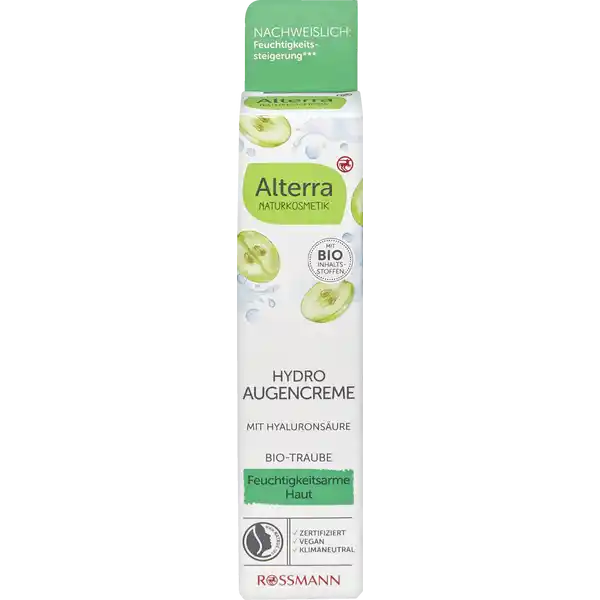 Alterra NATURKOSMETIK Hydro Augencreme Bio-Traube & Bio-Weisser Tee: Цвет: Produktbeschreibung und details Die Alterra Augencreme wurde speziell fr die feuchtigkeitsarme Haut rund um die Augenpartie mit ersten Fltchen entwickelt Weiterfhrende Informationen zum Thema Klimaneutralitt finden Sie unter rossmanndeklimaneutral und unter climatepartnercom Kontaktdaten Dirk Rossmann GmbH Isernhgener Strae   Burgwedel wwwrossmannde Testurteile Qualittssiegel ampamp Verbandszeichen Inhaltsstoffe Aqua Alcohol Glycerin Helianthus Annuus Hybrid Oil Olea Europaea Fruit Oil Cetyl Alcohol Cetearyl Alcohol Glyceryl Stearate Citrate Sodium Lactate Vitis Vinifera Seed Oil Tricaprylin Camellia Sinensis Leaf Extract Vitis Vinifera Fruit Extract Potassium Cetyl Phosphate Xanthan Gum Hydrogenated Lecithin Saccharide Isomerate Sodium Hyaluronate Tocopherol Levulinic Acid Parfum Linalool Limonene Citral Geraniol Citronellol  ingredients from certified organic agriculture  from natural essential oils
https://www.rossmann.de/de/pflege-und-duft-alterra-naturkosmetik-hydro-augencreme-bio-traube-und-bio-weisser-tee/p/4305615304427