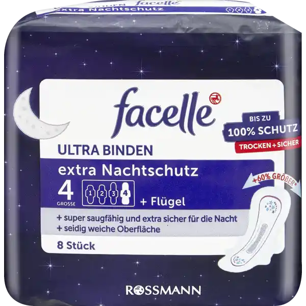 facelle UltraBinden extra Nachtschutz mit Flgeln: Цвет: Produktbeschreibung und details Gre  Mae Lnge ca  cm Dicke ca  cm angenehm weiche Oberflche Hautvertrglichkeit dermatologisch besttigt extra Schutz fr die Nacht Hinten um bis zu  grer im Vergleich zur UltraBinde normal optimaler Tragekomfort dank der Flgel und des anatomisch geformten Saugkrpers schliet Flssigkeit schnell und sicher im Saugkern ein fr ein angenehm trockenes Tragegefhl das fachFrischSystem entfernt und neutralisiert Gerche und beugt somit aktiv einer Geruchsentstehung vor Kontaktdaten Dirk Rossmann GmbH Isernhgener Str   Burgwedel Germany wwwrossmannde       UrsprungslandHerkunftsort Italien Warnhinweise und wichtige Hinweise Warnhinweise Gebrauchte Binden nicht in die Toilette werfen
https://www.rossmann.de/de/pflege-und-duft-facelle-ultra-binden-extra-nachtschutz-mit-fluegeln/p/4305615691800