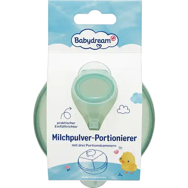 Babydream Milchpulverportionierer: Цвет: Produktbeschreibung und details Mit unserem Babydream MilchpulverPortionierer knnen Sie das Milchpulver fr Ihr Baby hygienisch aufbewahren egal ob zu Hause oder unterwegs Der MilchpulverPortionierer hat drei abgetrennte Kammern fr je eine Portion Milch Mit dem praktischen Einflltrichter im Deckel knnen Sie die Flasche fr Ihr Baby einfach fllen die drei Portionskammern fassen je ca  g Milchpulver der Einfllstutzen hilft beim einfachen Befllen der Babyflasche der MilchpulverPortionierer ist hergestellt aus Polypropylen und ist BisphenolA frei er ist geeignet fr die Reinigung in der Splmaschine Hinweis Dieser Artikel ist in verschiedenen Farben erhltlich Die Auswahl einer bestimmten Farbe ist nicht mglich Kontaktdaten Dirk Rossmann GmbH Isernhgener Strae   Burgwedel wwwrossmannde Anwendung und Gebrauch Gebrauchsanleitung Zum Befllen des MilchpulverPortionierers nehmen Sie den Deckel ab und fllen die gewnschte Menge Milchpulver in eine der drei Kammern Setzen Sie den Deckel wieder auf und drcken ihn fest an Zum Zubereiten einer Babyflasche drehen Sie den Deckel bis zur gewnschten Kammer ffnen den Verschluss und kippen das Michpulver direkt in die Babyflasche Kontrollieren Sie bitte vor dem Fttern immer die Temperatur des Nahrungsmittels Auch wenn Ihr Kind grer ist knnen Sie den MichpulverPortionierer weiter verwenden beispielsweise zum Transport von Breipulver oder auch kleinen Mahlzeiten wie klein geschnittenes Obst und Gemse Nicht geeignet zum Befllen mit Brei oder Flssigkeit So reinigen Sie den MilchpulverPortionierer Bitte Reinigen Sie den MilchpulverPortionierer vor dem ersten Gebrauch und nach jeder Nutzung mit Splmittel und splen Sie ihn klar ab Er ist geeignet fr die Reinigung im oberen Fach der Splmaschine Er kann ebenfalls ausgekocht oder in einem handelsblichen DampfVaporisator sterilisiert werden Lassen Sie den MilchpulverPortionierer gut abkochen bevor Sie Milchpulver einfllen Anwendung nur durch Erwachsene Warnhinweise und wichtige Hinweise Warnhinweise ACHTUNG Anwendung nur durch Erwachsene Der Milchpulverportionierer ist nicht fr die Mikrowelle geeignet Diese Produktinformation bitte aufbewahren
https://www.rossmann.de/de/baby-und-spielzeug-babydream-milchpulverportionierer/p/4305615697833