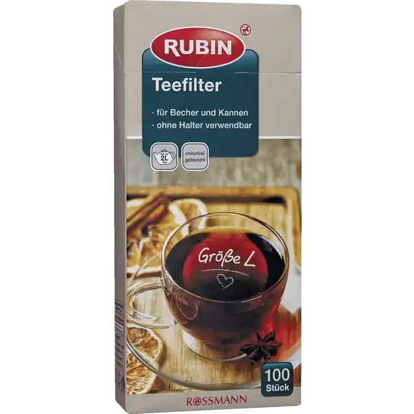 RUBIN Teefilter Gre L: Цвет: https://www.rossmann.de/de/haushalt-rubin-teefilter-groesse-l/p/4305615282145
Produktbeschreibung und details Dank der hohen Lasche fr leichtes Einfllen ist kein zustzlicher Filterhalter notwendig Sie knnen gebrauchte Teefilter leicht kompostieren mit doppelter Bodenfalte mit feiner Netzstruktur chlorfrei gebleicht fr bis zu  Liter Tee Kontaktdaten Dirk Rossmann GmbH Isernhgener Strae   Burgwedel wwwrossmannde