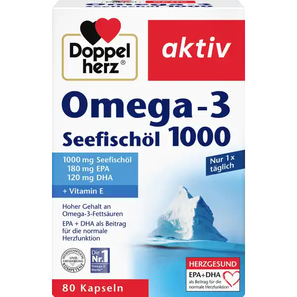 Doppelherz aktiv Omega Seefischl: Цвет: https://www.rossmann.de/de/gesundheit-doppelherz-aktiv-omega-3-seefischoel-1000/p/4009932003215
Produktbeschreibung und details Ausreichende Bewegung und gesunde Ernhrung sind wichtige Bestandteile einer gesunden Lebensweise Unausgewogene Ernhrung enthlt oft zu viel gesttigte Fettsuren tierische Fette oder Cholesterin Die mehrfach ungesttigten OmegaFettsuren werden dagegen hufig zu wenig aufgenommen Die OmegaFettsuren Docosahexaensure DHA und Eicosapentaensure EPA knnen vom Krper nicht selbst gebildet werden wenn nicht die entsprechenden Vorstufen vorhanden sind Auf die OmegaFettsuren ist man durch Beobachtungen bei den Eskimos in Grnland aufmerksam geworden Ein Groteil ihrer Nahrung besteht aus Seefischen die besonders reich an OmegaFettsuren sind EPA und DHA tragen zu einer normalen Herzfunktion bei Diese positive Wirkung stellt sich bei einer tglichen Aufnahme von  mg EPA und DHA ein  Kapsel Doppelherz Omega Seefischl  liefert  mg dieser Fettsuren Vitamin E leistet einen Beitrag zum Schutz der Zellen vor oxidativem Stress Lebensmittelunternehmer Name Queisser Pharma Adresse Schleswiger Str   Flensburg wwwdoppelherzde UrsprungslandHerkunftsort Deutschland Rechtlich vorgeschriebene Produktbezeichnung Kapseln mit Seefischl ampamp Vitamin E  Nahrungsergnzungsmittel Zutaten l aus SEEFISCHEN   Gelatine Rind Feuchthaltemittel Glycerin DLalphaTocopherol Nhrwerte Durchschnittliche Nhrwertangaben pro  Portion NRV Vitamin E  mg   Anwendung und Gebrauch Tglich  Kapsel mit etwas Flssigkeit unzerkaut einnehmen Warnhinweise und wichtige Hinweise Warnhinweise Die angegebene empfohlene tgliche Verzehrmenge darf nicht berschritten werden Nahrungsergnzungsmittel sind kein Ersatz fr eine ausgewogene und abwechslungsreiche Ernhrung und eine gesunde Lebensweise Fr kleine Kinder unzugnglich aufbewahren