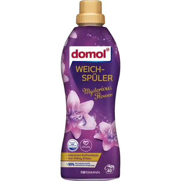 domol Mysterious Flower Weichspler  WL: Цвет: https://www.rossmann.de/de/haushalt-domol-mysterious-flower-weichspueler-40-wl/p/4305615453620
Produktbeschreibung und details Freuen Sie sich auf kuschelweiche Wsche und pures Duftvergngen den ganzen Tag Der domol Weichspler Mysterious Flower sorgt dank edler Parfmkomposition fr ein intensives Dufterlebnis und eine wunderbare Frische extra langanhaltendes Dufterlebnis AntiPilling Effekt verhindert Fussel und Kntchenbildung TextilpflegeFormel glttet aufgeraute Fasern und schtzt Farben frei von Konservierungsstoffen Kontaktdaten Dirk Rossmann GmbH Isernhgener Strae   Burgwedel wwwrossmannde  UrsprungslandHerkunftsort Hergestellt in Deutschland Testurteile Qualittssiegel ampamp Verbandszeichen Anwendung und Gebrauch Die Pflegehinweise in den Textilien beachten Vor Gebrauch schtteln Nicht direkt auf die Wsche geben Mithilfe der Verschlusskappe  Kappe   ml direkt in die Weichsplkammer der Waschmaschine geben Gebrauch Aufbewahrung und Verwendung Aufbewahrungs und Verwendungsbedingungen Vor Frost und direkter Sonneneinstrahlung schtzen Aufrecht transportieren und lagern Inhaltsstoffe   kationische Tenside Duftstoffe HEXYL CINNAMAL COUMARIN Enzyme Lactic Acid Bitrex Warnhinweise und wichtige Hinweise Warnhinweise Auer Reichweite von Kindern aufbewahren Augenkontakt vermeiden Falls das Produkt in die Augen gelangt diese grndlich mit Wasser aussplen Erhhte Sicherheit fr Kinder Enthlt einen speziellen Bitterstoff zum Schutz vor versehentlichem Verschlucken Detergenzienblatt Detergenzienblatt Laden Sie das Dokument zum Produkt als PDF herunter