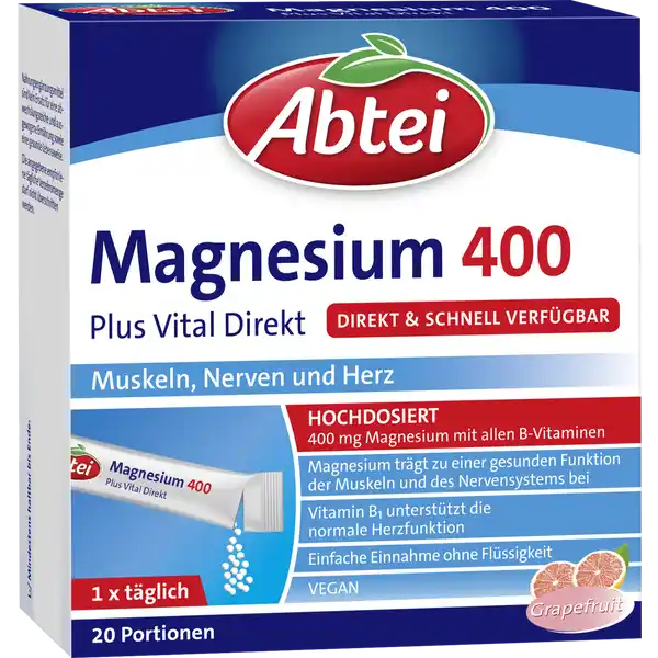 Abtei Magnesium 400 Plus direkt: Цвет: https://www.rossmann.de/de/gesundheit-abtei-magnesium-400-plus-direkt/p/4250752205192
Produktbeschreibung und details Ob beim Sport bei krperlichen Belastungen oder in Stresssituationen Leistungsfhigkeit Energie und starke Nerven sind gefordert wo auch immer Sie sich gerade befinden Abtei Magnesium  Plus Vital Direkt untersttzt mit hochdosiertem Magnesium die Muskelfunktion sowie in Kombination mit Vitamin B B B die Nervenfunktion Das Granulat kann jederzeit ohne Flssigkeit eingenommen werden und stellt die Nhrstoffe schnell und einfach zur Verfgung Fr unterwegs oder auch bei Einnahmeschwierigkeiten von Tabletten Lebensmittelunternehmer Name ABTEI OP Pharma GmbH Adresse Abtei  D   Marienmnster wwwabteide Rechtlich vorgeschriebene Produktbezeichnung Nahrungsergnzungsmittel mit Magnesium und BVitaminen Zutaten Sungsmittel Sorbit Magnesiumoxid Suerungsmittel Citronensure Nicotinamid Calciumpantothenat Vitamin B Vitamin B Vitamin B Aromen Sungsmittel Sucralose Natriumsaccharin Folsure Biotin Vitamin B Nhrwerte Durchschnittliche Nhrwertangaben pro  Portion pro Beutel Tagesdosis Referenzwert Referenzmenge nach EULebensmittelinformationsverordnung NRV Magnesium  mg   Vitamin B Thiamin  mg   Vitamin B Riboflavin  mg   Niacin  mg   Vitamin B  mg   Folsure  g   Vitamin B  g   Biotin  g   Pantothensure  mg   Anwendung und Gebrauch Verzehrempfehlung Fr Erwachsene und Jugendliche ab  JahrenTglich den Inhalt eines Beutels verzehren Das Granulat direkt auf die Zunge geben langsam zergehen lassen und schlucken Gebrauch Aufbewahrung und Verwendung Aufbewahrungs und Verwendungsbedingungen Vor Wrme und Sonneneinstrahlung schtzen Auerhalb der Reichweite kleiner Kinder aufbewahren Warnhinweise und wichtige Hinweise Warnhinweise Magnesiumprparate knnen bei empfindlichen Personen abfhrend wirken Personen mit eingeschrnkter Nierenfunktion sollten vor dem Verzehr ihren Arzt befragenNahrungsergnzungsmittel sind kein Ersatz fr eine abwechslungsreiche und ausgewogene Ernhrung sowie eine gesunde Lebensweise Die angegebene empfohlene tgliche Verzehrsmenge darf nicht berschritten werden mit Sungsmitteln