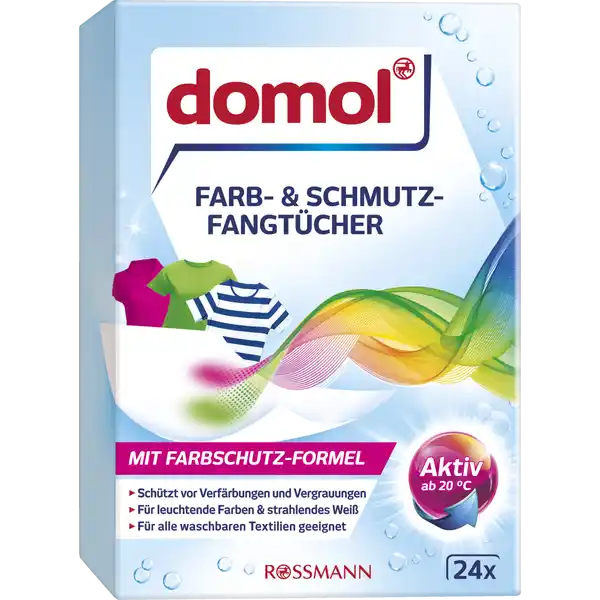 domol Farb amp Schmutzfangtcher: Цвет: https://www.rossmann.de/de/haushalt-domol-farb--und-schmutzfangtuecher/p/4305615273938
Produktbeschreibung und details Freuen Sie sich auf leuchtende Farben und strahlend weie Wsche  wie am ersten Tag Die domol Farb ampamp Schmutzfangtcher nehmen whrend des Waschgangs gelste Farb ampamp Schmutzstoffe sicher auf und verhindern somit unerwnschte Verfrbungen oder Farbbertragungen auf andere Textilien Mhsames Sortieren nach Farben entfllt  fr sorgenfreies Waschen und vollere Waschladungen Entdecken Sie weitere Vorteile regelmiger Gebrauch schtzt Ihre Textilien fr alle Temperaturbereiche und Faserarten geeignet Kontaktdaten Dirk Rossmann GmbH Isernhgener Strae   Burgwedel wwwrossmannde   UrsprungslandHerkunftsort Hergestellt in Deutschland Anwendung und Gebrauch Waschmaschine mit Wsche befllen und Waschmittel normal dosieren domol Farb ampamp Schmutzfangtuchtcher zur Wsche geben und wie gewohnt waschen Anschlieend gebrauchtes Tuch im Hausmll entsorgen Weiwsche  Tuch Buntwsche bzw Weies und Buntes gemischt  Tcher je nach Farbintensitt der Textilien Stark abfrbende Textilien z B dunkle Jeans Seidenstoffe  Tcher Warnhinweise und wichtige Hinweise Warnhinweise Pflegehinweise der Textilien beachten Neue farbige Textilien die ersten Male separat waschen Bei einer groen Menge stark ausblutender Textilien kann eine vollstndige Farbaufnahme durch die Tcher nicht garantiert werden Gebrauchsanleitung der Gertehersteller beachten Trocken lagern Darf nicht in die Hnde von Kindern gelangen