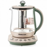 Чайник с терморегулятором и заварником BRAYER BR1015, 1,5 л, 2200 Вт: Цвет: Электрический чайник BRAYER BR1015 идеально подойдет для использования дома или в офисе. Корпус чайника выполнен из высокопрочного термостойкого стекла и дополнен шкалой уровня воды.
: BRAYER
: 1
: Бытовая техника
: Для кухни
Объём чайника составляет 1,5 л, что делает его оптимальным выбором для семьи или небольшого рабочего коллектива.Устройство обладает удобным электронным управлением. Благодаря мощности 2200 Вт чайник вскипятит воду за считанные минуты и сэкономит электроэнергию.Скрытый нагревательный элемент обеспечит безопасное использование. При отсутствии воды и при закипании чайник отключится самостоятельно. В чайнике предусмотрена функция заваривания чая, поэтому ароматный напиток можно приготовить прямо внутри устройства во встроенном ситечке. Функция поддержания температуры позволит сохранить необходимую температуру в течение 2-х часов.Каждый вид чая раскрывает свой вкус и аромат при определенной температуре. Функция кипячения и подогрева воды для разных сортов чая (40, 70, 85, 100°C) даёт возможность насладиться всеми оттенками вкуса любимого напитка.При температуре 100°C отлично заварится черный или травяной чай, 85°C подойдет для улуна, каркаде, желтого чая; при 70 °C раскроют свои вкусы зеленый и белый чаи. Водой температурой 40°C можно разбавлять лекарства или использовать её для приготовления пищи для малышей.