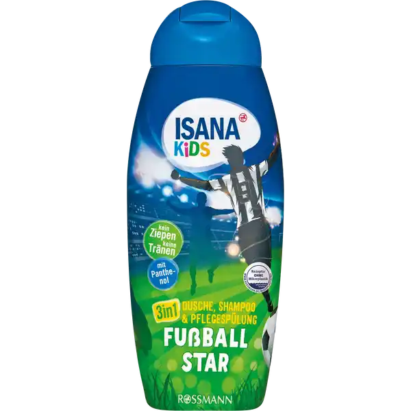 ISANA KiDS in Dusche Shampoo amp Pflegesplung Fuball Star: Цвет: https://www.rossmann.de/de/baby-und-spielzeug-isana-kids-3in1-dusche-shampoo-und-pflegespuelung-fussball-star/p/4305615681207
Produktbeschreibung und details Das ISANA KIDS IN kann als Shampoo Dusche und Pflegesplung verwendet werden und duftet fruchtig Es reinigt und pflegt Haut und Haare mit milden pflanzlich basierten Inhaltsstoffen besonders sanft Hautberuhigendes Panthenol bewahrt die Feuchtigkeit und pflegt zusammen mit einem Wirkstoff aus Mandell die Kinderhaut streichelzart Die Kombination ausgesuchter Wirkstoffe strkt die Haare bis in die Spitzen ohne sie dabei zu beschweren und sorgt fr eine gute Kmmbarkeit ohne zu ziepen kein Ziepen keine Trnen mit Panthenol Hautvertrglichkeit dermatologisch besttigt pHhautneutral geeignet fr die tgliche Anwendung diese Rezeptur ist zu   ohne Mikroplastik Kontaktdaten Dirk Rossmann GmbH Isernhgener Strasse   Burgwedel wwwrossmannde UrsprungslandHerkunftsort Deutschland Testurteile Qualittssiegel ampamp Verbandszeichen Gebrauch Aufbewahrung und Verwendung Aufbewahrungs und Verwendungsbedingungen Vor direkter Sonneneinstrahlung schtzen und bei Raumtemperatur lagern Inhaltsstoffe Aqua Sodium CocoSulfate Cocamidopropyl Betaine Panthenol Hydroxypropyl Guar Hydroxypropyltrimonium Chloride Sweet Almond Oil Polyglyceryl Esters Sodium Chloride Sodium Sulfate Citric Acid Phenoxyethanol Sodium Benzoate Denatonium Benzoate  Parfum CI   Bitterstoff