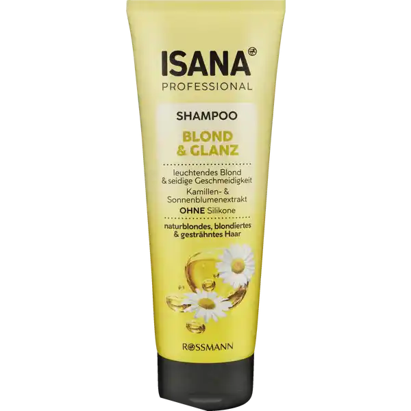 ISANA PROFESSIONAL Shampoo Blond & Glanz: Цвет: https://www.rossmann.de/de/pflege-und-duft-isana-professional-shampoo-blond-und-glanz/p/4305615624914
Produktbeschreibung und details Das ISANA Professional Shampoo Blond ampamp Glanz reinigt und pflegt das Haar grndlich und sanft Die speziell fr die Bedrfnisse von blondiertem und gestrhntem Haar entwickelte Rezeptur sorgt fr ein strahlendes und frisches Blond Die Formulierung mit wertvollen Inhaltsstoffen wie Kamillen und Sonnenblumenextrakt sowie Vitamin E Panthenol und speziellen Farbpigmenten sorgt fr einen seidig geschmeidigen BlondLook leuchtendes Blond ampamp seidige Geschmeidigkeit mit Kamillen ampamp Sonnenblumenextrakt ohne Silikone fr naturblondes blondiertes ampamp gestrhntes Haar Hautvertrglichkeit dermatologisch besttigt Rezeptur zu  ohne Mikroplastik Pflegetipp Fr ein optimales Pflegergebnis verwenden Sie auch die passende ISANA Professional Blond ampamp Glanz Splung Kontaktdaten Dirk Rossmann GmbH Isernhgener Strae   Burgwedel wwwrossmannde   UrsprungslandHerkunftsort Deutschland Testurteile Qualittssiegel ampamp Verbandszeichen Anwendung und Gebrauch Sanft ins feuchte Haar einmassieren und sorgfltig aussplen Fr die tgliche Haarwsche geeignet Inhaltsstoffe Aqua Sodium Laureth Sulfate Cocamidopropyl Betaine Sodium Chloride CocoGlucoside PEG Glyceryl OleateCocoate Citric Acid PEG Glyceryl Cocoate Sodium Benzoate PEG Hydrogenated Castor Oil Hydroxypropyl Guar Hydroxypropyltrimonium Chloride Glyceryl Oleate Panthenol Parfum Glycerin Sodium Formate Benzophenone Sodium Hydroxide Tocopherol Helianthus Annuus Seed Oil Bisabolol Propylene Glycol Basic Yellow  Chamomilla Recutita Flower Extract Helianthus Annuus Flower Extract Sorbitol Phenoxyethanol Lactic Acid Potassium Sorbate Ethylhexylglycerin Hydrogenated Vegetable Glycerides Citrate Lecithin Ascorbyl Palmitate Basic Orange  Warnhinweise und wichtige Hinweise Warnhinweise Nicht zur Frbung von Augenbrauen und Wimpern verwenden Kontakt mit den Augen vermeiden Bei Berhrung mit den Augen grndlich mit Wasser aussplen Darf nicht in die Hnde von Kindern gelangen Falls das Produkt mit anderen Materialien zB Textilien sanitren Anlagen in Kontakt kommen sollte bitte sofort grndlich reinigen Das Produkt kann allergische Reaktionen hervorrufen