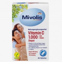 Миволис  Витамин С 1000 + D3 + Селен Депо 30 шт, 42 г: Витамин С, D3 и селен способствуют нормальному функционированию иммунной системы.
с 1000 мг витамина С на таблетку
1 раз в день
Эффект депо при длительном уходе
Mivolis Витамин C 1000 + D3 + Selenium Depot содержит витамин С, витамин D3 и селен, которые обеспечивают организм питательными веществами для иммунной системы круглый год. Витамин С, витамин D и селен способствуют нормальному функционированию иммунной системы. Витамин С необходим для выполнения различных задач в нашем организме. Это способствует уменьшению усталости и усталости, а также нормальному энергетическому обмену. Витамин D3, также называемый «солнечным витамином», может вырабатываться организмом только тогда, когда на кожу попадает достаточное количество солнечных лучей. Особенно в темные зимние месяцы или когда вы не проводите достаточно времени на свежем воздухе, вашего собственного производства может быть недостаточно, и может иметь смысл принимать добавки. В отличие от витамина D3, организм не может сам производить микроэлемент селен, поэтому его необходимо получать с пищей. Как и витамин С, он помогает защитить клетки от окислительного стресса. Технология депо позволяет высвобождать ингредиенты с задержкой во времени и, таким образом, обеспечивать долгосрочное снабжение витамином С, витамином D3 и селеном.