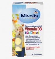 Миволис  Витамин D3 для детей, таблетки жевательные 60 штук по 51 г Пищевые добавки: Витамин D3 способствует нормальному функционированию иммунной системы.
Витамин D3 для нормального развития костей
С восхитительным фруктовым вкусом
Витамин D занимает особое положение среди витаминов, поскольку может вырабатываться в коже самого человека под воздействием солнечных лучей. Однако, если вы проводите время на открытом воздухе под солнечными лучами практически без одежды или вообще без нее, может случиться так, что выработка собственного витамина D в организме окажется недостаточной для удовлетворения его потребности. Особенно в холодные месяцы, когда солнца мало, кожа мало контактирует с солнечным светом.