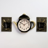 Часы настенные интерьерные для кухни "Чайник и две чашки", бесшумные, 29 х 34 см, чёрные, АА: 