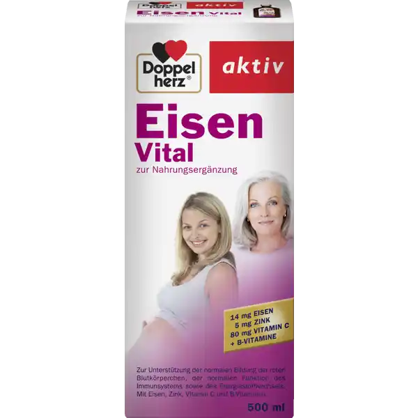 Doppelherz aktiv Eisen Vital: Цвет: Produktbeschreibung und details Zur Untersttzung der normalen Blutbildung der roten Blutkrperchen der normalen Funktion des Immunsystems sowie des Energiestoffwechsels mit Eisen Zink Vitamin C ampamp BVitaminen mit OrangeApfelGeschmack fr Veganer geeignet Lebensmittelunternehmer Name Queisser Pharma Adresse Schleswiger Strae   Flensburg Deutschland wwwdoppelherzde UrsprungslandHerkunftsort Deutschland Rechtlich vorgeschriebene Produktbezeichnung Flssiges Nahrungsergnzungsmittel mit Zucker und Sungsmitteln Mit Eisen Zink Vitamin C und BVitaminen Mit OrangeApfelGeschmack Zutaten Wasser Apfelpulver Zucker Apfelsaftkonzentrat Orangensaftkonzentrat Papayapulver Papayasaftkonzentrat Maltodextrin Eisengluconat Farbstoff Zuckerkulr LAscorbinsure Aroma Zinkgluconat Verdickungsmittel Xanthan Sungsmittel Natriumcyclamat Sungsmittel Acesulfam K Konservierungsstoff Kaliumsorbat Konservierungsstoff Natriumbenzoat Pyridoxinhydrochlorid Sungsmittel Natriumsaccharin Thiaminhydrochlorid Riboflavin Cyanocobalamin Nhrwerte Durchschnittliche Nhrwertangaben pro  Portion NRV Eisen  mg   Zink  mg   Vitamin C  mg   Vitamin B Thiamin  mg   Vitamin B Riboflavin  mg   Vitamin B  mg   Vitamin B  g   Anwendung und Gebrauch Trinken Sie x tglich  ml  Messbecher Vor Gebrauch gut schtteln Gebrauch Aufbewahrung und Verwendung Aufbewahrungs und Verwendungsbedingungen Nicht ber C lagern Nach Anbruch im Khlschrank aufbewahren und innerhalb eines Monats aufbrauchen Warnhinweise und wichtige Hinweise Warnhinweise Fr kleine Kinder unzugnglich aufbewahren Nicht einnehmen bei Eisenspeicherkrankheit und Eisenverwertungsstrungen In seltenen Fllen knnen Verfrbungen der Zhne auftreten die wieder entfernbar sind Die angegebene empfohlene tgliche Verzehrsmenge darf nicht berschritten werden Nahrungsergnzungsmittel sind kein Ersatz fr eine ausgewogene und abwechslungsreiche Ernhrung und eine gesunde Lebensweise
https://www.rossmann.de/de/gesundheit-doppelherz-aktiv-eisen-vital/p/4009932003307