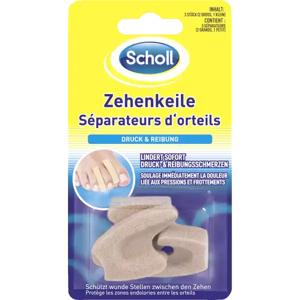 Scholl Zehenkeile: Цвет: Produktbeschreibung und details Scholl Zehenkeile sorgen fr Linderung bei Schmerzen und Wundsein zwischen den Zehen Das weiche Schaumstoffmaterial polstert und schtzt empfindliche Stellen am Fu ideal bei schmerzenden Zehen Blasen und Hheraugen zwischen Zehen lindert sofort Druck und Reibungsschmerzen schtzt wunde Stellen zwischen den Zehen waschbar Kontaktdaten Scholls Wellness Company GmbH Schwalbacher Str   Wiesbaden wwwschollfusspflegede UrsprungslandHerkunftsort Grobritannien Anwendung und Gebrauch Mit der langen Kante nach oben zwischen den Zehen anbringen Mindestens    Stunden pro Tag entfernen damit die Haut atmen kann Per Hand mit Waschmittel und lauwarmen Wasser waschen Grndlich aussplen und an der Luft trocknen lassen Gebrauch Aufbewahrung und Verwendung Aufbewahrungs und Verwendungsbedingungen Auer Reichweite von Kindern aufbewahren Khl trocken und vor direkter Sonnenbestrahlung geschtzt aufbewahren Warnhinweise und wichtige Hinweise Warnhinweise Wenn Reizungen oder Beschwerden auftreten Behandlung abbrechen Aufgrund der Gre nicht fr Kinder unter  Jahren geeignet
https://www.rossmann.de/de/gesundheit-scholl-zehenkeile/p/5038483207680