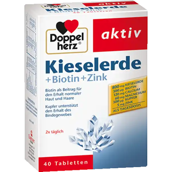 Doppelherz aktiv Kieselerde + Biotin + Zink: Цвет: Produktbeschreibung und details Doppelherz aktiv Kieselerde  Biotin  Zink Gesunde Haut volles krftiges Haar gesunde und feste Fingerngel und ein straffes Bindegewebe sind der Wunsch vieler Menschen Dabei spielt auch eine ausreichende Versorgung mit lebensnotwendigen Nhrstoffen eine wichtige Rolle Ein guter Stoffwechsel ist eine Voraussetzung fr gesunde Schnheit Da der Krper Spurenelemente Mineralstoffe und Vitamine jedoch nicht selbst bilden kann mssen diese mit der Nahrung ausreichend zugefhrt werden Bei einer unausgewogenen Ernhrung ist die Versorgung mit diesen Nhrstoffen jedoch nicht immer optimal Kieselerde bildet die natrliche Basis fr die Tabletten von Doppelherz und enthlt als wesentlichen Bestandteil Silicium Biotin trgt zur Erhaltung normaler Haut und Haare bei Aus diesem Grund wurde Biotin frher auch als Vitamin H bezeichnet Zink untersttzt die normale Funktion des Immunsystems und trgt dazu bei die Zellen vor oxidativem Stress zu schtzen Das wichtige Spurenelement leistet wie Biotin einen Beitrag fr den Erhalt normaler Haut und Haare Es trgt zustzlich zum Erhalt normaler Ngel bei Das Spurenelement Kupfer leistet einen Beitrag zur Aufrechterhaltung des normalen Bindegewebes und untersttzt die normale Haarfarbe Haarpigmentierung Calcium ist ein lebensnotwendiger Mineralstoff der fr den Erhalt normaler Knochen bentigt wird und eine Funktion bei der Zellteilung hat Magnesium leistet einen Beitrag zum Energiestoffwechsel und zur normalen Muskelfunktion Lebensmittelunternehmer Name Queisser Pharma Adresse Schleswiger Str   Flensburg wwwdoppelherzde UrsprungslandHerkunftsort Deutschland Rechtlich vorgeschriebene Produktbezeichnung Tabletten mit Kieselerde Calcium Magnesium Biotin Zink ampamp Kupfer  Nahrungsergnzungsmittel Zutaten Kieselerde   Fllstoffe Sorbit Calciumcarbonat Fllstoff Cellulose Fllstoff Polyvinylpyrrolidon Magnesiumoxid Palmfett ganz gehrtet Trennmittel Siliciumdioxid berzugsmittel Hydroxypropylmethylcellulose Reisstrke Emulgator Mono und Diglyceride von Speisefettsuren Trennmittel Magnesiumsalze der Speisefettsuren Zinksulfat Farbstoff Titandioxid berzugsmittel Schellack Fllstoff Gummi arabicum Trennmittel Talkum Olivenl Emulgator Polysorbat  Kupfersulfat DBiotin Nhrwerte Durchschnittliche Nhrwertangaben pro  Portion NRV Calcium  mg   Magnesium  mg   Zink  mg   Kupfer  g   Biotin  g   Anwendung und Gebrauch Morgens und abends eine Tablette zu einer Mahlzeit mit ausreichend Flssigkeit unzerkaut einnehmen Warnhinweise und wichtige Hinweise Warnhinweise Die angegebene empfohlene tgliche Verzehrmenge darf nicht berschritten werdenNahrungsergnzungsmittel sind kein Ersatz fr eine ausgewogene und abwechslungsreiche Ernhrung und eine gesunde Lebensweise Fr kleine Kinder unzugnglich aufbewahrenKann bei bermigem Verzehr abfhrend wirken
https://www.rossmann.de/de/gesundheit-doppelherz-aktiv-kieselerde--biotin--zink/p/4009932004908