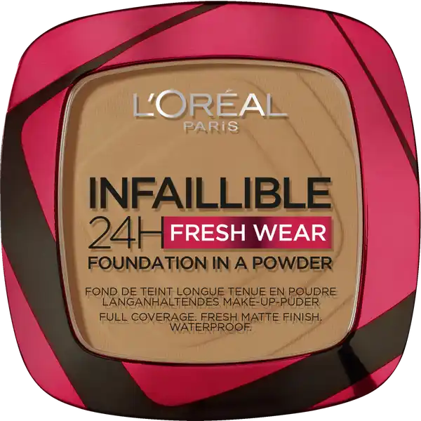 LOral Paris Infaillible H Fresh Wear MakeUpPuder  Sienna: Цвет: Produktbeschreibung und details Das Infaillible H Fresh Wear MakeUpPuder deckt langanhaltend und mattiert zuverlssig Das Infaillible H Fresh Wear MakeUpPuder von LOral Paris vereint die Deckkraft und den Halt eines MakeUps mit dem MattEffekt eines Puders Die langanhaltenden Pigmente sorgen fr eine hohe Deckkraft  ganz ohne Verblassen Die leichte Formel gibt dem Teint ein zuverlssig mattes Finish Die PuderTextur sorgt fr ein angenehmes Tragegefhl ohne ein Gefhl von trockener Haut zu hinterlassen Die atmungsaktive Formel hlt bis zu H ist wasserfest schweifest und hlt auch bei hoher Luftfeuchtigkeit Neben MakeUp Primer und Concealer ergnzt das MakeUpPuder die HighPerformance InfaillibleReihe von LOral Paris Einem langanhaltenden Look steht nichts mehr im Wege Kontaktdaten LORAL Deutschland GmbH  Geschftsbereich LOral Paris Johannstrae   Dsseldorf UrsprungslandHerkunftsort Italien Anwendung und Gebrauch Das MakeUpPuder mit dem enthaltenen Schwmmchen in kreisenden Bewegungen auf das Gesicht auftragen Es kann ganz ohne MakeUp alleinstehend verwendet werden Gebrauch Aufbewahrung und Verwendung Aufbewahrungs und Verwendungsbedingungen Khl und trocken lagern Inhaltsstoffe TALC  ZINC STEARATE  DIMETHICONE  ZEA MAYS STARCH  CORN STARCH  CAPRYLICCAPRIC TRIGLYCERIDE  SILICA  DIMETHICONEVINYL DIMETHICONE CROSSPOLYMER  TRIETHOXYCAPRYLYLSILANE  CAPRYLYL GLYCOL  ETHYLHEXYLGLYCERIN  POTASSIUM SORBATE  SILICA NANO  SILICA  PARFUM  FRAGRANCE  ISOCETETH  ALARIA ESCULENTA EXTRACT  HEXYL CINNAMAL  BENZYL SALICYLATE  LINALOOL  ALPHAISOMETHYL IONONE  BENZYL ALCOHOL  CITRONELLOL  TOCOPHEROL   MAY CONTAIN CI   TITANIUM DIOXIDE  CI  CI  CI   IRON OXIDES  MICA  CI   YELLOW  LAKE  CI   ULTRAMARINES  CI   RED  LAKE FIL C
https://www.rossmann.de/de/make-up-loreal-paris-infaillible-24h-fresh-wear-make-up-puder-355-sienna/p/3600524028831