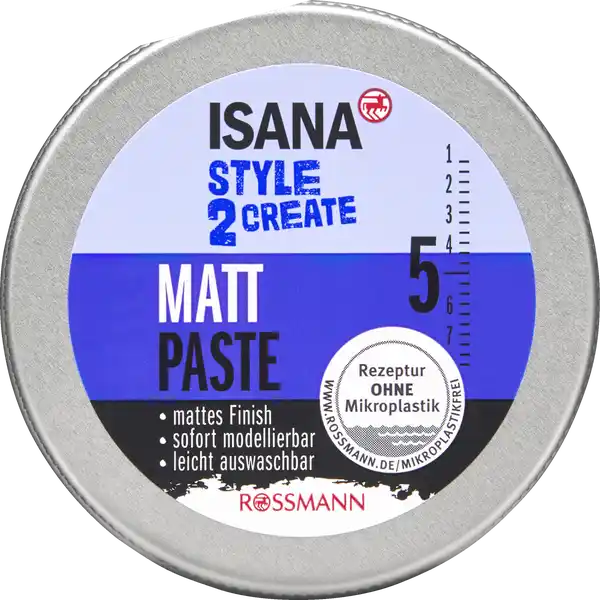 ISANA Style2Create Matt Paste: Цвет: Produktbeschreibung und details mattes Finish sofort modellierbar leicht auswaschbar Strke  Kontaktdaten Dirk Rossmann GmbH Isernhgener Strae   Burgwedel Testurteile Qualittssiegel ampamp Verbandszeichen Anwendung und Gebrauch Eine kleine Menge ISANA MATT PASTE zwischen den Handflchenverreiben und gleichmig ins trockene oder feuchte Haar einarbeiten oder einzelne Strhnen modellieren Inhaltsstoffe Aqua Cera Alba Cocos Nucifera Oil Glyceryl Stearate Isopropyl Palmitate Lanolin Cetearyl Alcohol Palmitic Acid Stearic Acid Candelilla Cera Phenoxyethanol Propylene Glycol Caprylyl Glycol Parfum Sodium Cetearyl Sulfate Aminomethyl Propanol PVP Decylene Glycol Tetrasodium Iminodisuccinate CI  CI  Disodium Phosphate Potassium Phosphate
https://www.rossmann.de/de/pflege-und-duft-isana-style2create-matt-paste/p/4305615612379