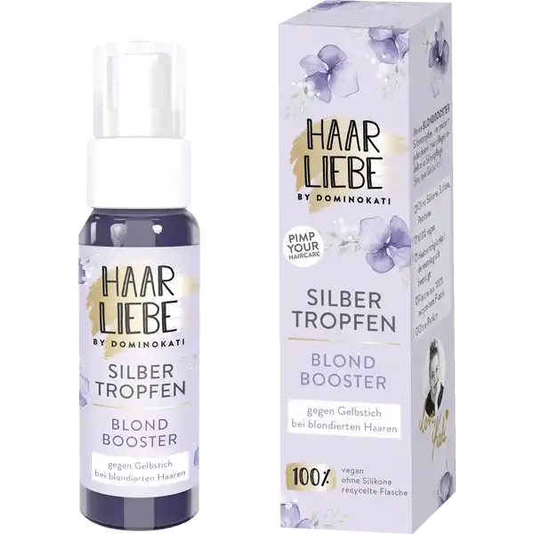 Haarliebe by DominoKati Blondbooster Silberpflegetropfen: Цвет: Produktbeschreibung und details Die Haarliebe BLONDBOOSTER Silbertropfen verzaubern jedes Haarpflegeprodukt in Silberpflege Bye bye Gelbstich Mit den Haarliebe BLONDBOOSTER Silbertropfen ist der unerwnschte Gelbstich blondierter Haare Geschichte Die besondere Formulierung ermglicht es jedes Haarpflegeprodukt in Silberpflege zu verwandeln Ein paar Tropfen und dem Gelbstich wird der Kampf angesagt Zu  vegan und ohne Silikone Parabene und Sulfate Kontaktdaten Lifestyle Distribution GmbH Raboisen   Hamburg Anwendung und Gebrauch Haarpflegeprodukt in die Hand geben und je nach Intensittswunsch ca  Silbertropfen dazumischen Pflegeprodukt wie gewohnt verwenden Fr ein intensiveres Ergebnis  Minuten einwirken lassen DOSIERUNGSVORSCHLAG  Tropfen Gebrauch Aufbewahrung und Verwendung Aufbewahrungs und Verwendungsbedingungen Vor direkter Sonneneinstrahlung schtzen Inhaltsstoffe AQUA ISOPROPYL ALCOHOL PROPANEDIOL POLYSORBATE  PHENOXYETHANOL HYDROXYETHYLCELLULOSE XANTHAN GUM PANTHENOL CITRIC ACID ETHYLHEXYLGLYCERIN TRISODIUM ETHYLENEDIAMINE DISUCCINATE CI  Warnhinweise und wichtige Hinweise Warnhinweise GEFAHR Darf nicht in die Hnde von Kindern geraten Bei Verschlucken sofort rztlichen Rat einholen und Verpackung vorzeigen
https://www.rossmann.de/de/pflege-und-duft-haarliebe-by-dominokati-blondbooster-silberpflegetropfen/p/9120112225632