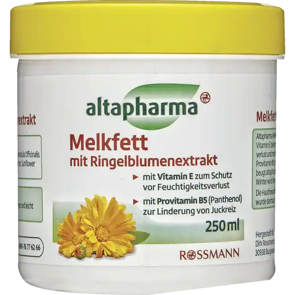 altapharma Melkfett mit Ringelblumenextrakt: Цвет: Produktbeschreibung und details altapharma Melkfett mit Ringelblumenextrakt Altapharma Melkfett mit Ringelblumenextrakt Provitamin B Panthenol undVitamin E bietet idealen Schutz fr Ihre Haut Es schtzt vor Feuchtigkeitsverlustund macht raue und trockene Haut wieder geschmeidig und samtweich Provitamin B pflegt trockene strapazierte oder rissige Haut Darber hinausbeugt altapharma Melkfett sprden und rissigen Lippen vor Besonders imWinter wird Ihre Haut vor Klte geschtzt Die Hautfreundlichkeit des altapharma Melkfetts mit Ringelblumenextrakt wurde dermatologisch besttigt mit Vitamin E zum Schutz vor Feuchtigkeitsverlust mit Provitamin B Panthenol zur Linderung von Juckreiz Kontaktdaten Dirk Rossmann GmbH Isernhgener Strae   Burgwedel wwwrossmannde UrsprungslandHerkunftsort Deutschland Anwendung und Gebrauch Mehrmals tglich auf die Hautpartien dnn auftragen und leicht einreiben Inhaltsstoffe Petrolatum Paraffinum Liquidum Glycine Soja Oil Calendula Officinalis Flower Extract Panthenol Tocopheryl Acetate Parfum Sunflower Seed Oil CI  Beta Carotene
https://www.rossmann.de/de/pflege-und-duft-altapharma-melkfett-mit-ringelblumenextrakt/p/4305615619682