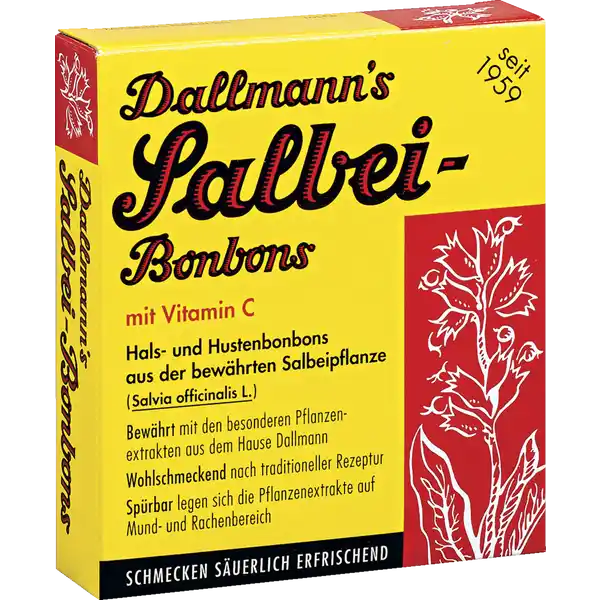 Dallmann`s Salbei-Bonbons: Цвет: Produktbeschreibung und details Dallmanns SalbeiBonbons mit Vitamin C bewhrt mit den besonderen Pflanzenextrakten aus dem Hause Dallmann wohlschmeckend nach traditioneller Rezeptur sprbar legen sich die Pflanzenextrakte auf Mund und Rachenbereich schmecken suerlich erfrischend Lebensmittelunternehmer Name Dallmann ampamp Co Fabrik pharmazeutischer Prparate GmbH Adresse JohannesGutenbergStr   HofheimWallau  Germany Rechtlich vorgeschriebene Produktbezeichnung Hals und Hustenbonbons aus der bewhrten Salbeipflanze Salvia officinalis L Zutaten Zucker Glukosesirup Salbeiextrakt  LAscorbinsure Vitamin C natrliches Aroma Karamellzuckersirup Suerungsmittel Citronensure Nhrwerte Durchschnittliche Nhrwertangaben pro  g Energie  kj   kcal Fett  g davon  gesttigte Fettsuren  g Kohlenhydrate  g davon  Zucker  g Eiwei  g Salz  g NRV Vitamin C  mg
https://www.rossmann.de/de/gesundheit-dallmanns-salbei-bonbons/p/4011932228284