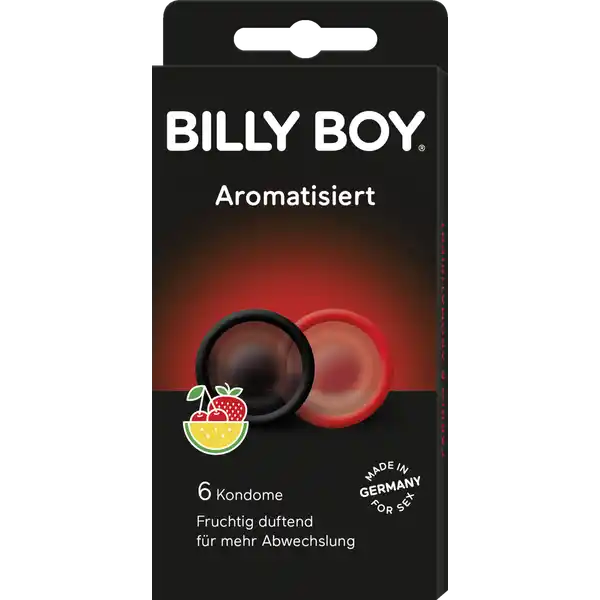 BILLY BOY Kondome "Aromatisiert": Цвет: Produktbeschreibung und details fruchtiger Spa mit ErdbeerAroma und TuttiFruttiAroma mit Gleitfilm dermatologisch getestet hergestellt in Deutschland jedes Kondom einzeln elektronisch geprft Breite des flachliegenden Kondoms ca  mm  Kondome hergestellt aus Naturkautschuklatex mit Gleitfilm glatte zylindrische Form mit Reservoir   rote Kondome mit ErdbeerAroma   schwarze Kondome mit TuttiFruttiAroma UrsprungslandHerkunftsort Deutschland Warnhinweise und wichtige Hinweise Warnhinweise Kein Verhtungsmittel kann zu  den Schutz vor Schwangerschaft oder Infektionserkrankungen garantieren Kondome nie zusammen mit l oder fetthaltigen Gleitmitteln verwenden Bitte lesen Sie die beiliegende Gebrauchsanweisung sorgfltig insbesondere bei analer Verwendung der Kondome Konformittserklrung Konformittserklrung Laden Sie das Dokument zum Produkt als PDF herunter
https://www.rossmann.de/de/gesundheit-billy-boy-kondome-aromatisiert/p/4008600227434