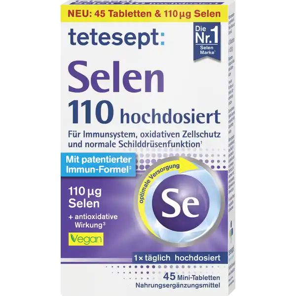 tetesept Selen 110µg: Цвет: https://www.rossmann.de/de/gesundheit-tetesept-selen-110g/p/4008491104562
Produktbeschreibung und details Das Spurenelement Selen untersttzt die krpereigenen Abwehrkrfte und trgt durch seine antioxidative Wirkung zum Schutz der Krperzellen bei Zudem ist Selen am Stoffwechsel der Schilddrsenhormone beteiligt Da der Krper Selen nicht selbst herstellen kann ist eine regelmige Zufuhr ber die Nahrung unerlsslich tetesept Selen  trgt dank hochdosiertem Selen u a bei zu einer normalen Funktion des Immun systems zum Schutz der Zellen vor oxidativem Stress zu einer normalen Schilddrsenfunktion Lebensmittelunternehmer Name Merz Consumer Care GmbH Adresse Eckenheimer Landstrae   Frankfurt am Main wwwteteseptde UrsprungslandHerkunftsort Deutschland Rechtlich vorgeschriebene Produktbezeichnung Nahrungsergnzungsmittel mit Selen Niacin und Vitamin E Zutaten Fllstoff Mikrokristalline Cellulose Maltodextrin DLTocopherylAcetat Vitamin E Nicotinamid Niacin LArgininhydrochlorid  modifizierte Strke berzugsmittel Hydroxypropylmethylcellulose Trennmittel Magnesiumsalz der Speisefettsuren Farbstoff Calciumcarbonat Trennmittel Siliciumdioxid Natriumselenat Trennmittel Speisefettsure berzugsmittel Hydroxypropylcellulose Nhrwerte Durchschnittliche Nhrwertangaben pro  Portion  Kapsel pro Tag Tagesdosis Referenzwert Anteil der Referenzwerte fr die tgliche Zufuhr gem Europischer Lebensmittelinformationsverordnung LMIV NRV  Nutrient Reference Value NRV Selen  g   Vitamin E  mg   Niacin  mg   Anwendung und Gebrauch Verzehrsempfehlung x tglich  Tablette mit ausreichend Flssigkeit unzerkaut verzehren Gebrauch Aufbewahrung und Verwendung Aufbewahrungs und Verwendungsbedingungen Vor Hitze und direkter Lichteinstrahlung schtzen Fr kleine Kinder unzugnglich aufbewahren Warnhinweise und wichtige Hinweise Warnhinweise Nahrungsergnzungsmittel sind kein Ersatz fr eine abwechslungsreiche und ausgewogene Ernhrung die zusammen mit einer gesunden Lebensweise von Bedeutung ist Die empfohlene tgliche Verzehrsmenge darf nicht berschritten werden Fr kleine Kinder unzugnglich aufbewahren Zeitgleich keine weiteren selenhaltigen Prparate verwenden