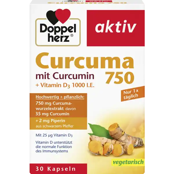 Doppelherz aktiv Curcuma 750 mit Curcumin + Vitamin D3 1000 I.E.: Цвет: https://www.rossmann.de/de/gesundheit-doppelherz-aktiv-curcuma-750-mit-curcumin--vitamin-d3-1000-ie/p/4009932132069
Produktbeschreibung und details Seit Jahrtausenden wird Curcuma im asiatischen Raum geschtzt Inzwischen istCurcuma auch in Europa seit lngerer Zeit wohlbekannt Als Gewrz wird dergemahlene Wurzelstock der Pflanze verwendet Dieser Wurzelstock ist auffllig gefrbt Die indische Gelbwurzel lat Name Curcuma Longa L enthlt unter anderem den sekundren Pflanzenstoff Curcumin Die Kapseln enthalten  mg hochwertigen Curcumawurzelextrakt aus Curcuma Longa L mit einem natrlichen Curcumingehalt von  mg in Kombination mit  mg Piperin und  g Vitamin D dies entspricht  IE Internationale Einheiten Piperin wird aus schwarzem Pfeffer gewonnen Piperin kann die Aufnahme von Curcumin in den Krper untersttzen  mg Curcumawurzelextrakt  davon  mg Curcumin hochwertig und pflanzlich plus  IE Vitamin D fr das Immunsystem mit Piperin aus schwarzem Pfeffer Lebensmittelunternehmer Name Queisser Pharma GmbH ampamp Co KG Adresse Schleswiger Strae   Flensburg wwwdoppelherzde UrsprungslandHerkunftsort Deutschland Testurteile Qualittssiegel ampamp Verbandszeichen Rechtlich vorgeschriebene Produktbezeichnung Kapseln mit curcuminhaltigem Curcumawurzelextrakt Piperin und Vitamin D Nahrungsergnzungsmittel Zutaten Curcuminhaltiger Curcumawurzelextrakt berzugsmittel Hydroxypropylmethylcellulose Trenmittel Magnesiumsalze der Speisefettsuren Piperin Cholecalciferol Nhrwerte Durchschnittliche Nhrwertangaben pro  Portion  Kapsel NRV Vitamin D  g   Anwendung und Gebrauch Tglich  Kapsel mit ausreichend Flssigkeit unzerkaut einnehmenAlternativ knnen Sie die Kapselhlle ffnen und den Inhalt auf ein Lebensmittel streuen Gebrauch Aufbewahrung und Verwendung Aufbewahrungs und Verwendungsbedingungen Trocken und nicht ber  C lagern Warnhinweise und wichtige Hinweise Warnhinweise Die angegebene empfohlene tgliche Verzehrsmenge darf nicht berschritten werden Nahrungsergnzungsmittel sind kein Ersatz fr eine ausgewogene und abwechslungsreiche Ernhrung und gesunde Lebensweise Fr kleine Kinder unzugnglich aufbewahren Fr Kinder Jugendliche Schwangere und Stillende nicht geeignet Wenn Sie gleichzeitig Medikamente einnehmen sollten Sie den Verzehr mit Ihrem Arzt besprechen