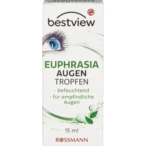 BestView Augentropfen Euphrasia: Цвет: https://www.rossmann.de/de/gesundheit-bestview-augentropfen-euphrasia/p/4305615810591
Produktbeschreibung und details Augentrost erfrischen und beruhigen schnell gereizte oder rote Augen auch bei Allergien und Heuschnupfen allergische Bindehautentzndung BestView Augentropfen EuphrasiaAugentrost lindern Juckreiz und Brennen im Auge BestView Augentropfen EuphrasiaAugentrost mildern Augenstress bedingt durch Umwelteinflsse wie zB starker Sonneneinstrahlung Wind Staub Klimaanlagen trockener oder verschmutzter Luft oder visuell bedingten Umstnden wie zB lange Computerarbeit oder Nachtfahrten empfohlen bei empfindlichen Augen geeignet auch mit eingesetzten Kontaktlinsen kompatibel mit allen Kontaktlinsen ophthalmische sterile konservierte isotonische gepufferte biokompatible schmierende feuchtigkeitsspendende und erfrischende Lsung mit EuphrasiaFlssigkeitsextrakt Kontaktdaten Dirk Rossmann GmbH Isernhgener Str  wwwrossmannde Inhaltsstoffe  Euphrasia AugentrostFlssigextrakt Dinatriumedatat Polyhexamethylenbiguanid PHMB Isotonische gepufferte Lsung pHWert  Warnhinweise und wichtige Hinweise Warnhinweise Bei Raumtemperatur lagern  Grad Flasche nach der Anwendung verschlieen Den Inhalt innerhalb von  Tagen nach Anbruch verbrauchen Das Produkt ist nur zur Anwendung am Auge bestimmt Fr Kinder unzugnglich aufbewahren Das Produkt nicht nach Ablauf des Verfalldatums verwenden Indikationen Gebrauchsanweisung Warnhinweise und Zusammensetztung Bitte lesen Sie die Packungsbeilage