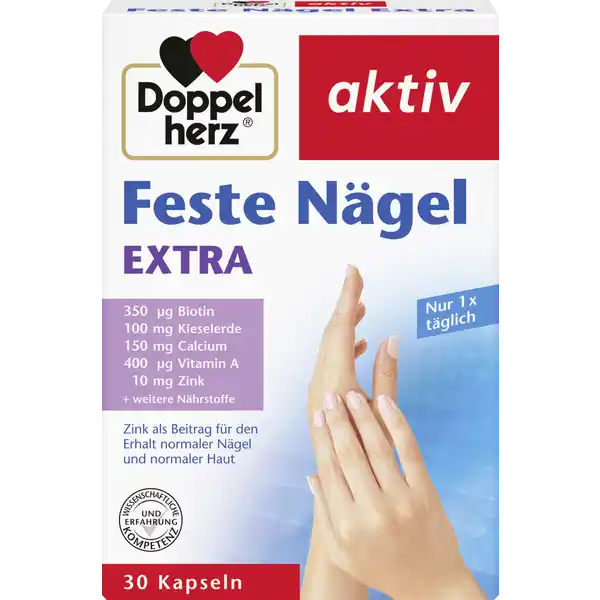 Doppelherz Feste Ngel EXTRA Kapseln: Цвет: https://www.rossmann.de/de/gesundheit-doppelherz-feste-naegel-extra-kapseln/p/4009932009910
Produktbeschreibung und details Die Zellen unserer Ngel und Haut erbringen durch Wachstum bzw Erneuerung tglich Hchstleistungen Hierfr bentigen sie Vitamine und Mineralstoffe einschlielich spezieller Spurenelemente So knnen wir durch eine gesunde Ernhrung die Schnheit von innen untersttzen Die Kapseln von Doppelherz enthalten insgesamt  ausgesuchte Vitamine Mineralstoffe und Spurenelemente Zustzlich enthalten sind Kieselerde und Granatapfelextrakt Kieselerde ist ein Naturstoff und enthlt als Hauptbestandteil Silicium Der Granatapfel ist eine der ltesten Kulturpflanzen des Mittleren Ostens enthlt  ausgesuchte Vitamine Mineralstoffe und Spurenelemente  mg Zink und  g Selen als Beitrag fr den Erhalt normaler Ngel Vitamin A Vitamin B Biotin und Niacin untersttzen den Erhalt normaler Haut zustzlich mit Kieselerde und Granatapfelextrakt lactose und glutenfrei Lebensmittelunternehmer Name Queisser Pharma GmbH ampamp Co KG Adresse Schleswiger Strae   Flensburg Deutschland wwwdoppelherzde UrsprungslandHerkunftsort Deutschland Rechtlich vorgeschriebene Produktbezeichnung Kapseln mit Kieselerde Granatapfelextrakt Vitaminen Mineralstoffen und Spurenelementen Nahrungsergnzungsmittel Zutaten Calciumcarbonat Magnesiumoxid Gelatine LAscorbinsure Kieselerde   Granatapfelextrakt   Maltodextrin Nicotinamid Zinkcarbonat Eisenfumarat CalciumDpantothenat Trennmittel Siliciumdioxid Trennmittel Magnesiumsalze der Speisefettsuren Kupfergluconat Pyridoxinhydrochlorid Riboflavin Retinylacetat Farbstoff Eisenoxide und Eisenhydroxide DBiotin Natriumselenit Natriummolybdat Cholecalciferol Cyanocobalamin Nhrwerte Durchschnittliche Nhrwertangaben pro  Portion  Kapsel Tagesdosis Referenzwert Nhrstoffbezugswerte gem EUVerordnung  NRV Calcium  mg   Magnesium  mg   Eisen  mg   Zink  mg   Kupfer  mg   Selen  g   Molybdn  g   Vitamin A  g   Vitamin D  g   Vitamin C  mg   Vitamin B Riboflavin  mg   Niacin  mg   Vitamin B  mg   Vitamin B  g   Biotin  g   Pantothensure  mg   Anwendung und Gebrauch Tglich  Kapsel mit ausreichend Flssigkeit unzerkaut einnehmen Gebrauch Aufbewahrung und Verwendung Aufbewahrungs und Verwendungsbedingungen Kapseln khl trocken und lichtgeschtzt aufbewahren Warnhinweise und wichtige Hinweise Warnhinweise Fr Kinder und Jugendliche nicht geeignet Die angegebene empfohlene tgliche Verzehrsmenge darf nicht berschritten werden Nahrungsergnzungsmittel sind kein Ersatz fr eine ausgewogene und abwechslungsreiche Ernhrung und eine gesunde Lebensweise Fr kleine Kinder unzugnglich aufbewahren Tglich  Kapsel mit ausreichend Flssigkeit unzerkaut einnehmen