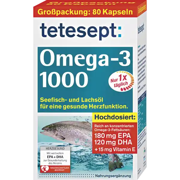 tetesept Omega Lachsl: Цвет: https://www.rossmann.de/de/gesundheit-tetesept-omega-3-lachsoel-1000/p/4008491445863
Produktbeschreibung und details Fr die Untersttzung von Herz und Kreislauf ist eine ausgewogene Ernhrung von groer Bedeutung tetesept Omega Lachsl  trgt dank EPA und DHA zu einer normalen Herzfunktion bei und leistet somit einen Beitrag zur herzgesunden Ernhrung Vitamin E trgt dazu bei die Zellen vor oxidativem Stress zu schtzen auch in den Gefen Mit der Nahrung nehmen wir oft ein unausgewogenes Verhltnis von gesttigten und ungesttigten Fetten auf Ein ausgewogenes Verhltnis von gesttigten und ungesttigten Fettsuren ist fr das HerzKreislaufSystem von Bedeutung Die wertvollen und mehrfach ungesttigten Omega Fettsuren wie DHA und EPA werden bei einer unausgewogenen Ernhrung oft nur in unzureichendem Mae mit der tglichen Nahrung aufgenommen Unser Krper kann diese in nur geringen Mengen selbst herstellen Deshalb sollte auf eine regelmige und ausreichende Zufuhr an mehrfach ungesttigten Fettsuren aus tierischen zB Kaltwasserfischen wie Lachs oder pflanzlichen Quellen geachtet werden konzentrierte mehrfach ungesttigte Omega Fettsuren  Vitamin E fr eine normale Herzttigkeit durch eine normale Herzfunktion wird auch das HerzKreislaufSystem untersttzt Wirkung wissenschaftlich besttigt nur  Kapsel tglich Lebensmittelunternehmer Name Merz Consumer Care GmbH Adresse Eckenheimer Landstrae   Frankfurt am Main wwwteteseptde UrsprungslandHerkunftsort Deutschland Rechtlich vorgeschriebene Produktbezeichnung Nahrungsergnzungsmittel mit l aus Seefischen ampamp Lachs Omega Fettsuren Vitamin E Zutaten l aus SEEFISCHEN und Lachs  Gelatine Feuchthaltemittel Glycerin DLalphaTocopherolacetat Vitamin E   Hinweis fr Diabetiker  Kapsel enthlt  BE Gluten und laktosefrei Nhrwerte Durchschnittliche Nhrwertangaben pro  Portion Vitamin E  mg Anwendung und Gebrauch x tglich  Kapsel mit Flssigkeit verzehrenHinweise Die empfohlene tgliche Verzehrsmenge darf nicht berschritten werden Gebrauch Aufbewahrung und Verwendung Aufbewahrungs und Verwendungsbedingungen Trocken und nicht ber  C aufbewahren Warnhinweise und wichtige Hinweise Warnhinweise Die empfohlene tgliche Verzehrmenge darf nicht berschritten werden Nahrungsergnzungsmittel sind kein Ersatz fr eine abwechslungsreiche und ausgewogene Ernhrung die zusammen mit einer gesunden Lebensweise von Bedeutung ist Fr kleine Kinder unzugnglich aufbewahren Die positive Wirkung auf die Herzfunktion stellt sich mit einer tglichen Aufnahme von mindestens  mg EPA  DHA ein