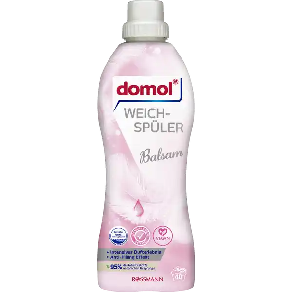 domol Balsam Weichspler  WL: Цвет: https://www.rossmann.de/de/haushalt-domol-balsam-weichspueler-40-wl/p/4305615453644
Produktbeschreibung und details Freuen Sie sich auf kuschelweiche Wsche und pures Duftvergngen den ganzen Tag Der domol Weichspler Balsam ist fr empfindliche Haut geeignet und sorgt fr ein intensives Dufterlebnis Die Hautvertrglichkeit wurde dermatologisch getestet AntiPilling Effekt verhindert Fussel und Kntchenbildung TextilpflegeFormel glttet aufgeraute Fasern und schtzt Farben frei von Konservierungsstoffen Kontaktdaten Dirk Rossmann GmbH Isernhgener Strae   Burgwedel wwwrossmannde   UrsprungslandHerkunftsort Hergestellt in Deutschland Testurteile Qualittssiegel ampamp Verbandszeichen Anwendung und Gebrauch Mithilfe der Verschlusskappe    ml direkt in die Weichsplkammer der Waschmaschine geben Die Pflegehinweise in den Textilien beachten Vor Gebrauch schtteln Nicht direkt auf die Wsche geben Gebrauch Aufbewahrung und Verwendung Aufbewahrungs und Verwendungsbedingungen Vor Frost und direkter Sonneneinstrahlung schtzen Aufrecht transportieren und lagern Inhaltsstoffe  kationische Tenside Duftstoffe Enzyme Lactic acid Bitrex Warnhinweise und wichtige Hinweise Warnhinweise Auer Reichweite von Kindern aufbewahren Augenkontakt vermeiden Falls das Produkt in die Augen gelangt diese grndlich mit Wasser aussplen Erhhte Sicherheit fr Kinder Enthlt einen speziellen Bitterstoff zum Schutz vor versehentlichem Verschlucken Detergenzienblatt Detergenzienblatt Laden Sie das Dokument zum Produkt als PDF herunter