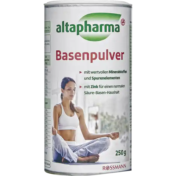 altapharma Basenpulver: Цвет: https://www.rossmann.de/de/gesundheit-altapharma-basenpulver/p/4305615615882
Produktbeschreibung und details Die Belastungen im Beruf und Alltag der heutige Lebensstandard mit reichhaltigem Essen sowie zu wenig Bewegung aber auch Diten und Fastenkuren knnen den Krper aus dem Gleichgewicht bringen und zu einer bersuerung beitragen Ein ausgewogenes SureBasenVerhltnis ist die Grundlage fr einen gut funktionierenden Stoffwechsel und somit fr die Leistungsfhigkeit des Krpers mit verantwortlich Das altapharma Basenpulver untersttzt mit dem Spurenelement Zink den normalen SureBasenStoffwechsel und leistet dadurch einen Beitrag zu einem ausgewogenen Verhltnis zwischen Suren und Basen Das enthaltene Magnesium untersttzt das Elektrolytgleichgewicht whrend Calcium zur normalen Funktion von Verdauungsenzymen beitrgt Ergnzt wird die Rezeptur durch Chrom welches den normalen Stoffwechsel von Makronhrstoffen Fette Eiweie Kohlenhydrate untersttzt sowie durch Molybdn das einen Beitrag zur normalen Verstoffwechselung schwefelhaltiger Aminosuren leistet Die Mineralstoffe Eisen Kupfer und Jod sind bedeutsam fr einen normalen Energiestoffwechsel Das altapharma Basenpulver mit seiner ausgewogenen Mineralstoffkombination kann tglich eingenommen werden und ist auch fr Sportler oder whrend Diten geeignet mit wertvollen Mineralstoffen und Spurenelementen mit Zink fr einen normalen SureBasenHaushalt laktosefrei glutenfrei Fr Veganer geeignet Lebensmittelunternehmer Name Dirk Rossmann GmbH Adresse Isernhgener Str   Burgwedel wwwrossmannde       UrsprungslandHerkunftsort Deutschland Rechtlich vorgeschriebene Produktbezeichnung Nahrungsergnzungsmittel mit Mineralstoffen und Spurenelementen Zutaten Maltodextrin Calciumcitrat Natriumcitrat Kaliumcitrat Magnesiumdicitrat Eisenllsulfat Trennmittel Siliciumdioxid Zinkoxid KupferIIsulfat ChromIIIchlorid Natriummolybdat Kaliumjodid Natriumselenit Nhrwerte Durchschnittliche Nhrwertangaben pro  Portion pro  g pro  Portion pro Tagesportionen  g pro Portion  g Energie  kj   kcal  kj   kcal  kj   kcal Fett amplt  g amplt  g amplt  g davon  gesttigte Fettsuren amplt  g amplt  g amplt  g Kohlenhydrate  g  g  g davon  Zucker  g  g  g Eiwei amplt  g amplt  g amplt  g Salz  g  g  g NRV Natrium  mg  mg Kalium  mg    mg Calcium  mg    mg Magnesium  mg    mg Eisen  mg    mg Zink  mg    mg Kupfer  mg    mg Selen  g    g Chrom  g    g Molybdn  g    g Jod  g    g Anwendung und Gebrauch Tglich   g Basenpulver in kalte oder warme Speisen einrhren Die angegebene empfohlene Verzehrmenge darf nicht berschritten werden Gebrauch Aufbewahrung und Verwendung Aufbewahrungs und Verwendungsbedingungen Trocken vor Wrme und Licht geschtzt lagern Dose nach Pulverentnahme sofort wieder verschlieen Wir empfehlen das Pulver nach Anbruch innerhalb von  Wochen zu verbrauchen Zubereitung Eine Portion  g Messlffel in kalte oder warme SpeisenGetrnke einrhren Je morgens und abends eine Portion verzehren Verwenden Sie den beigefgten Messlffel Warnhinweise und wichtige Hinweise Warnhinweise Auerhalb der Reichweite von kleinen Kindern aufbewahren Fr Kinder und Jugendliche unter  Jahren nicht geeignet Nahrungsergnzungsmittel sollten nicht als Ersatz fr eine abwechslungsreiche und ausgewogene Ernhrung sowie eine gesunde Lebensweise dienen