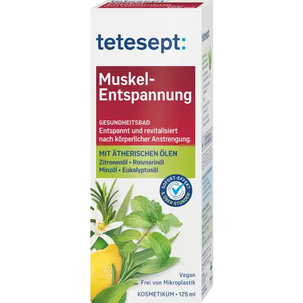 tetesept Gesundheitsbad Muskel-Entspannung: Цвет: https://www.rossmann.de/de/gesundheit-tetesept-gesundheitsbad-muskel-entspannung/p/4008491119405
Produktbeschreibung und details Muskelentspannendes Gesundheitsbad mit sprbarer Langzeitwirkung durch patentierte Balnosome Lst Verspannungen lockert Hilft bei Muskelkater revitalisiert  auch nach dem Sport Die einzigartige tetesept WirkstoffKomposition mit hochwertigen therischen len und Wirkstoffen wie Minze Zitrone Eukalyptus Rosmarin Kampfer und Salicylat wurde auf die spezifischen Bedrfnisse beanspruchter Muskulatur sowie berlastete Glieder abgestimmt Vegan Zitrone Rosmarin Eukalyptus Kampfer und Salicylat wurde auf die spezifischen Bedrfnisse beanspruchter Muskulatur sowie berlasteter Glieder abgestimmt Sie frdert im Zusammenwirken mit warmem Wasser die Durchblutung regt den Kreislauf an und hilft Muskelkater zu lindern und Verspannungen zu lsen Das Bad untersttzt Ihre Gesundheit und pflegt dank seiner milden SchaumbadRezeptur Ihre Haut durch rckfettende Substanzen Schon whrend des Badens und Stunden darber hinaus genieen Sie ein weitaus entlastetes und entspannteres Krpergefhl Verantwortlich hierfr sind die enthaltenen Balnosomemit deren Hilfe die therischen le und Wirkstoffe ihre natrliche Wirkkraft intensiv entfalten knnen lst Verspannungen lockert hilft bei Muskelkater revitalisiert  auch nach dem Sport Gesundheitsbad mit  therischen len und sprbarer Langzeitwirkung frei von Paraffinen Silikonen und Minerallen Kontaktdaten Merz Consumer Care GmbH Eckenheimer Landstrae   Frankfurt am Main wwwteteseptde UrsprungslandHerkunftsort Deutschland Anwendung und Gebrauch Je nach Wannengre fr ein Vollbad  innere Verschlusskappe des Badezusatzes dem C warmen Badewasser zugeben und das Bad  Minuten genieen Anwendung bei Bedarf tglich Sie empfehlen sich nach dem Baden warm einzuwickeln und zu ruhen Gebrauch Aufbewahrung und Verwendung Aufbewahrungs und Verwendungsbedingungen Fr Kinder unzugnglich aufbewahren Inhaltsstoffe AQUA POLYSORBATE  PARFUM PEG CAPRYLICCAPRIC GLYCERIDES LIMONENE EUCALYPTUS GLOBULUS LEAF OIL GLYCOL SALICYLATE CITRUS AURANTIUM DULCIS PEEL OIL CAMPHOR MENTHA ARVENSIS LEAF OIL PRUNUS AMYGDALUS DULCIS OIL ROSMARINUS OFFICINALIS LEAF OIL CITRUS LIMON PEEL OIL EUGENIA CARYOPHYLLUS FLOWER OIL LECITHIN HELIANTHUS ANNUUS SEED OIL TOCOPHEROL PROPYLENE GLYCOL SOY ACID PEG PROPYLENE GLYCOL OLEATE BENZYL ALCOHOL CITRAL COUMARIN EUGENOL LINALOOL CI Warnhinweise und wichtige Hinweise Warnhinweise Erwachsenenbad Nur auf intakter Haut anwenden Den Badezusatz dem einlaufenden Badewasser hinzugeben um Wannenverfrbungen zu vermeiden Direkten Kontakt mit empfindlichen Oberflchen und Gegenstnden vermeiden Nach dem Baden die Badewanne mit einem heien Wasserstrahl aussplen und Produktrckstnde entfernen