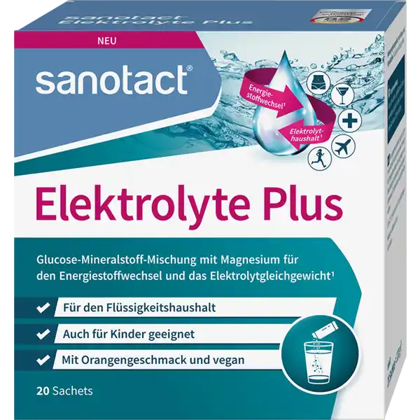 sanotact® Elektrolyte Plus: Цвет: https://www.rossmann.de/de/gesundheit-sanotact-elektrolyte-plus/p/4003087433156
Produktbeschreibung und details Durch krperliche Belastungen und bermiges Schwitzen bedingt durch sportliche Aktivitten Alkoholkonsum oder Reisen kann der Krper groe Mengen an Flssigkeit und darin gelste Mineralstoffe  sogenannte Elektrolyte  verlieren Es ist besonders wichtig entstandene Flssigkeits und Mineralstoffverluste zgig auszugleichen Hierfr eignen sich glucose und elektrolythaltige Getrnke mit z B Magnesium Natrium und Kalium sanotact Elektrolyte Plus Sachets enthalten eine optimale Zusammensetzung aus Glucose und Elektrolyten Sie dienen der Zubereitung eines elektrolythaltigen Getrnks zur Untersttzung des Flssigkeitshaushalts Magnesium trgt zur Untersttzung des Elektrolytgleichgewichts des normalen Energiestoffwechsels und der normalen Muskelfunktion bei fr den Flssigkeitshaushalt auch fr Kinder geeignet mit Orangengeschmack und vegan Lebensmittelunternehmer Name sanotact GmbH Adresse Hessenweg   Mnster Germany wwwsanotactde UrsprungslandHerkunftsort Deutschland Rechtlich vorgeschriebene Produktbezeichnung Nahrungsergnzungsmittel mit Glucose und Mineralstoffen Mit Zucker und Sungsmitteln Zutaten Dextrose Magnesiumcitrat Natriumchlorid Natriumcitrat Suerungsmittel Citronensure Kaliumchlorid Aroma Sungsmittel Natriumcyclamat Sungsmittel Natriumsaccharin Nhrwerte Durchschnittliche Nhrwertangaben pro  g pro  Portion  Sachets Tagesdosis Referenzwert NRV Referenzmenge nach EULebensmittelinformationsverordnung Energie  kj   kcal  kj   kcal Fett amplt  g amplt  g davon  gesttigte Fettsuren amplt  g amplt  g Kohlenhydrate  g  g davon  Zucker  g  g Eiwei amplt  g amplt  g Salz  g  g NRV Natrium  mg  g Kalium  mg  mg   Chlorid  mg  mg   Magnesium  mg  mg   Anwendung und Gebrauch Kinder ab  Jahren Jugendliche und Erwachsene nehmen tglich  Sachets Sachets in je einem Glas Wasser  ml auflsen Gebrauch Aufbewahrung und Verwendung Aufbewahrungs und Verwendungsbedingungen Fr kleine Kinder unzugnglich aufbewahren Unter C trocken und vor Licht geschtzt lagern Warnhinweise und wichtige Hinweise Warnhinweise Die angegebene empfohlene tgliche Verzehrmenge darf nicht berschritten werden Nahrungsergnzungsmittel ersetzten keine ausgewogene und abwechslungsreiche Ernhrung sowie eine gesunde Lebensweise