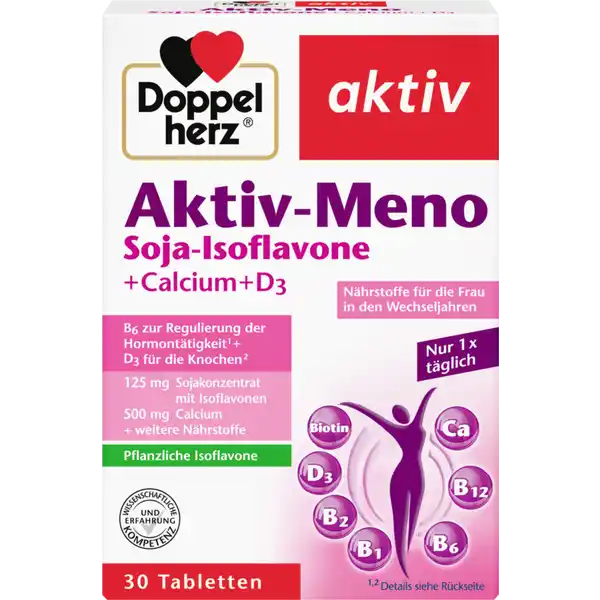 Doppelherz Aktiv-Meno Soja-Isoflavone + Calcium + D3: Цвет: https://www.rossmann.de/de/gesundheit-doppelherz-aktiv-meno-soja-isoflavone--calcium--d3/p/4009932002454
Produktbeschreibung und details Die Wechseljahre  ein natrlicher Umstellungsprozess des weiblichen Krpers In den Wechseljahren verndert sich die krpereigene Hormonproduktion der Frau Dies ist ein natrlicher Vorgang im weiblichen Organismus Bei vielen Frauen kommt es im Rahmen dessen zu Vernderungen und Begleiterscheinungen wie z B Hitzewallungen Fr Gesundheit und Wohlbefinden in und nach den Wechseljahren spielen eine gesunde Lebensfhrung ausreichende Bewegung sowie eine ausgewogene Ernhrung eine wichtige Rolle Die Tabletten von Doppelherz enthalten eine spezielle Nhrstoffkombination aus  mg Calcium kombiniert mit  g Vitamin D BVitamine und  mg SojaIsoflavone Zustzlich enthalten die Tabletten  mg Hyaluronsure Vitamin B trgt zur Regulierung der Hormonttigkeit bei Calcium und Vitamin D als Beitrag fr den Erhalt normaler Knochen Vitamin D trgt auerdem zu einer normalen Calciumaufnahme bei Vitamin B B B und Biotin tragen zum normalen Energiestoffwechsel und zur normalen Funktion des Nervensystems bei Biotin untersttzt den Erhalt normaler Haut und Haare und ist daher auch als Vitamin H bekannt Folsure leistet einen Beitrag zur normalen Blutbildung und hat eine Funktion bei der Zellteilung Lebensmittelunternehmer Name Queisser Pharma GmbH ampamp Co KG Adresse Schleswiger Strae   Flensburg wwwdoppelherzde UrsprungslandHerkunftsort Deutschland Rechtlich vorgeschriebene Produktbezeichnung Tabletten mit Calcium Sojakonzentrat und Vitaminen Nahrungsergnzungsmittel Zutaten Calciumcarbonat Fllstoff mikrokristalline Cellulose isoflavonhaltiges SOJAKONZENTRAT  hyaluronsurehaltiges Kollagenhydrolysat berzugsmittel Hydroxypropylmethylcellulose Fllstoff Polyvinylpyrrolidon Trennmittel Speisefettsuren Trennmittel vernetzte Carboxymethylcellulose Trennmittel Talkum Trennmittel Magnesiumsalze der Speisefettsuren Farbstoff Eisenoxide und Eisenhydroxide Vitamin B Vitamin B Vitamin B Feuchthaltemittel Glycerin Folsure Biotin Vitamin D Vitamin B Nhrwerte Durchschnittliche Nhrwertangaben pro  Portion  Tablette NRV Calcium  mg   Vitamin D  g   Vitamin B Thiamin  mg   Vitamin B Riboflavin  mg   Vitamin B  mg   Folsure  g   Vitamin B  g   Biotin  g   Anwendung und Gebrauch Tglich  Tablette mit ausreichend Flssigkeit unzerkaut einnehmen Gebrauch Aufbewahrung und Verwendung Aufbewahrungs und Verwendungsbedingungen Trocken und nicht ber  C lagern Fr kleine Kinder unzugnglich aufbewahren Warnhinweise und wichtige Hinweise Warnhinweise Die angegebene empfohlene tgliche Verzehrsmenge darf nicht berschritten werden Nahrungsergnzungsmittel sind kein Ersatz fr eine ausgewogene und abwechslungsreiche Ernhrung und eine gesunde Lebensweise Kann bei bermigem Verzehr abfhrend wirkenFr Kinder und Jugendliche nicht geeignet