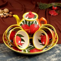 Набор чайный Риштанская керамика "Гранаты", 9 предметов (чайник 1 л, пиалы 0,5/0,3 л): 