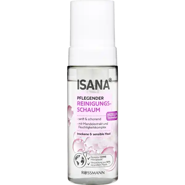 ISANA Pflegender Reinigungsschaum: Цвет: https://www.rossmann.de/de/pflege-und-duft-isana-pflegender-reinigungsschaum/p/4305615986135
Produktbeschreibung und details Der Isana Pflegende Reinigngsschaum mit Mandelextrakt reinigt schonend und grndlich die Haut Durch die MizellenTechnologie werden Makeup und Schmutzpartikel wirksam eingeschlossen und sanft von der Haut abgetragen Die pflegende Textur mit Feuchtigkeitskomplex verwhnt die Haut und bewahrt ihre natrliche Lipidbalance fr ein seidiges Hautgefhl Hautvertrglichkeit dermatologisch besttigt und pHhautneutral Rezeptur ohne Mikroplastik Verpackung aus  recyceltem Plastik vegan siehe rossmanndemikroplastikfrei Flaschenmaterial ohne Pumpe berkappe und Etikett Kontaktdaten Dirk Rossmann GmbH Isernhgener Strasse   Burgwedel wwwrossmannde Testurteile Qualittssiegel ampamp Verbandszeichen Anwendung und Gebrauch Tglich morgens und abends eine etwa walnussgroe Menge Schaum auf die feuchte Haut von Gesicht Hals und Dekollet auftragen und sanft einmassieren Anschlieend mit lauwarmen Wasser absplen Gebrauch Aufbewahrung und Verwendung Aufbewahrungs und Verwendungsbedingungen Das Produkt bei Zimmertemperatur lagern und vor Sonneneinstrahlung schtzen Fllhhe technisch bedingt Inhaltsstoffe Aqua Sorbitol CaprylylCapryl Glucoside Betaine Sodium CocoSulfate Panthenol Allantoin Glycerin Glyceryl Oleate CocoGlucoside Prunus Amygdalus Dulcis Sweet Almond Seed Extract Hydrogenated Vegetable Glycerides Citrate Citric Acid Sodium Benzoate Tocopherol Parfum Limonene