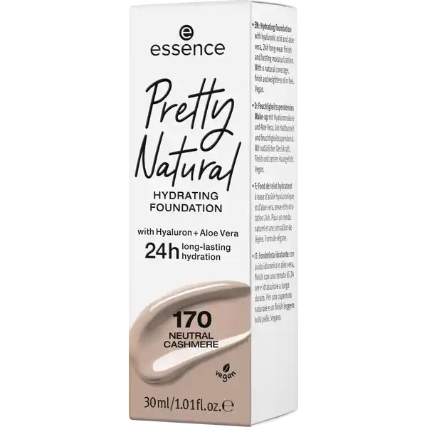 essence Pretty Natural hydrating foundation 170 Neutral Cashmere: Цвет: Produktbeschreibung und details Von Beauty Addicts fr Beauty Addicts Diese Foundation ist der Geheimtipp fr einen ebenmigen natrlichen und gepflegten Teint  denn sie wurde gemeinsam mit essence Konsumentinnen entwickelt und ganz auf ihre Wnsche zugeschnitten Die federleichte langanhaltende Formel mit Hyaluronsure und Aloe Vera spendet ganze  Stunden Feuchtigkeit und kreiert ebenso lange ein wunderschnes natrlich mattes Finish  fr Perfektion all day long Dabei lsst sie dank ihrer mittleren Deckkraft Rtungen verschwinden sorgt fr einen ebenmigen Hautton und verschmilzt angenehm zart mit der Haut Erhltlich ist sie in  Shades  davon ziehen  bis  in die Beautyshelves ein die gesamte Range gibt es im Onlineshop Kontaktdaten cosnova GmbH Am Limespark  D Sulzbach am Taunus UrsprungslandHerkunftsort Italien Inhaltsstoffe AQUA WATER CYCLOPENTASILOXANE TALC TRIMETHYLSILOXYSILICATE PEG DIMETHICONE GLYCERIN CETYL PEGPPG DIMETHICONE ALOE BARBADENSIS LEAF JUICE TROPOLONE SODIUM HYALURONATE SODIUM CHLORIDE DISTEARDIMONIUM HECTORITE HYDROGEN DIMETHICONE SODIUM PHYTATE PROPYLENE CARBONATE ALUMINUM HYDROXIDE PHENOXYETHANOL SODIUM DEHYDROACETATE PARFUM FRAGRANCE CI  CI  CI  IRON OXIDES CI  TITANIUM DIOXIDE
https://www.rossmann.de/de/make-up-essence-pretty-natural-hydrating-foundation-170-neutral-cashmere/p/4059729287533