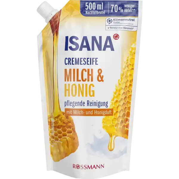 ISANA Cremeseife Milch amp Honig Nachfllbeutel: Цвет: Produktbeschreibung und details Die ISANA SEIFEN reinigen Ihre Hnde sanft und schenken ein geschmeidiges Hautgefhl  Tag fr Tag Die ISANA CREMESEIFE MILCH ampamp HONIG mit ausgesuchten Waschsubstanzen und einem natrlichen hautverwandten Pflegelipid schtzt und pflegt Ihre Haut beim Hndewaschen Der enthaltene SoftpflegeKomplex hlt Ihre Hnde zart und geschmeidig whrend der cremigse Duft die Sinne verwhnt pflegende Reinigung mit Milch ampamp Honigduft   weniger Abfall diese Rezeptur ist zu   ohne Mikroplastik Weiterfhrende Informationen zum Thema Klimaneutralitt finden Sie unter rossmanndeklimaneutral und unter climatepartnercom Durch den Einsatz des Nachfllbeutels anstelle des ISANA Seifenspenders  ml wird die Abfallmenge pro  ml Seife um   verringert und Sie helfen wertvolle Rohstoffe einzusparen Kontaktdaten Dirk Rossmann GmbH Isernhgener Strae   Burgwedel wwwrossmannde UrsprungslandHerkunftsort Deutschland Testurteile Qualittssiegel ampamp Verbandszeichen Inhaltsstoffe Aqua Sodium Laureth Sulfate Cocamidopropyl Betaine Sodium Chloride Glyceryl Distearate CocoGlucoside Glyceryl Oleate Parfum Mel Sine Adipe Lac Laureth Sodium Lactate Glycerin Formic Acid Tocopherol Hydrogenated Vegetable Glycerides Citrate Citric Acid Sodium Benzoate Potassium Sorbate Hexyl Cinnamal CI  CI  CI
https://www.rossmann.de/de/pflege-und-duft-isana-cremeseife-milch-und-honig-nachfuellbeutel/p/4305615610429