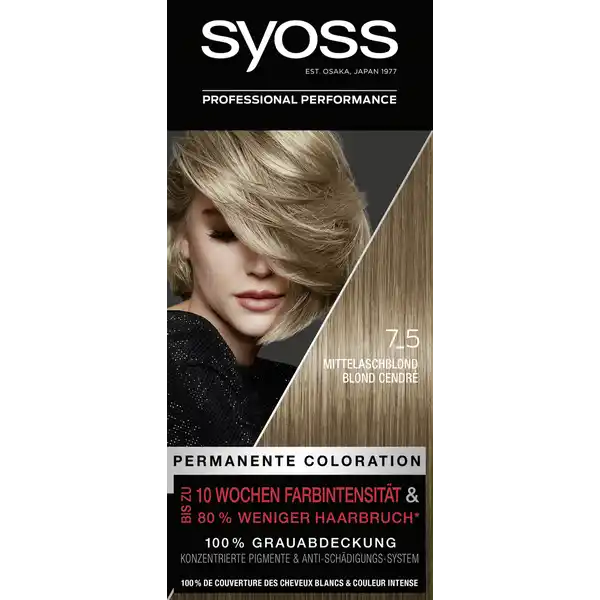 Syoss Professional Performance Permanente Coloration 7_5 Mittelaschblond: Цвет: Produktbeschreibung und details SYOSS Color  Intensive langanhaltende Farben und bis zu   weniger Haarbruch Die SYOSS Coloration verleiht ein intensives langanhaltendes Farbergebnis mit professioneller Grauabdeckung und bis zu   weniger Haarbruch Dafr dringen die Farbpigmente tief in alle Haarschichten ein Dank SalonPlex AntiSchdigungsPflegeTechnologie gleicht die dauerhafte Haarfarbe Haarschden aus und erneuert die Haarfaserbindungen Die Splung mit Keratin versiegelt die Haarfaser fr eine weiche und krftige Haaroberflche Fr verbesserte sichtbare Haarqualitt und bis zu   weniger Haarbruch Das Ergebnis Eine intensive gesund aussehende Haarfarbe intensive langanhaltende Farbe professionelle Grauabdeckung bis zu   weniger Haarbruch bis zu  Wochen Farbintensitt Im Vergleich zu unbehandeltem Haar Kontaktdaten Schwarzkopf ampamp Henkel GmbH  Dsseldorf  Wien D Dsseldorf     Anwendung und Gebrauch Przise Anwendung ohne Tropfen fr professionelle Farbergebnisse Bevor Sie mit der Anwendung beginnen legen Sie sich einen Kleiderschutz und eine Uhr zur Kontrolle der Einwirkzeit bereit Die Coloration wird auf trockenem nicht vorgewaschenem Haar angewendet Es wird empfohlen das Haar  Stunden vor der Anwendung nicht zu waschen Bitte beachten Sie die komlette Gebrauchsanweisung Gebrauch Aufbewahrung und Verwendung Aufbewahrungs und Verwendungsbedingungen Darf nicht in die Hnde von Kindern gelangen Entwickler von Hitze fernhalten Keine nicht gebrauchte Mischung aufbewahren Inhaltsstoffe ColorCreme Aqua Water Eau Cetearyl Alcohol Ammonium Hydroxide Glyceryl Stearate SE Ceteareth Octyldodecanol Sodium Laureth Sulfate Sodium Cetearyl Sulfate Parfum Fragrance TolueneDiamine Sulfate Oleic Acid Silica Ethanolamine Glycerin Sodium Sulfite Resorcinol Etidronic Acid Carbomer Potassium Hydroxide Ascorbic Acid Serine Linalool Citronellol Methylresorcinol Sodium Sulfate mAminophenol AminoHydroxypyridine AminoHydroxyethylaminoanisole Sulfate Benzoic Acid Entwicklerlotion Aqua Water Eau Hydrogen Peroxide Cetearyl Alcohol PEG Castor Oil Etidronic Acid Sodium Cetearyl Sulfate Dicarboxypyridine Disodium Pyrophosphate Potassium Hydroxide Sodium Benzoate SalonPlex Conditioner Aqua Water Eau Cetearyl Alcohol Behentrimonium Chloride Dimethicone AmodimethiconeMorpholinomethyl Silsesquioxane Copolymer Magnesium Citrate Magnesium Chloride Hydrolyzed Keratin Polyquaternium Steardimonium Hydroxypropyl Hydrolyzed Keratin Panthenol Isopropyl Myristate Glyceryl Stearate Citric Acid Phenoxyethanol Stearamidopropyl Dimethylamine Isopropyl Alcohol Sodium Methylparaben Parfum Fragrance Dicaprylyl Carbonate Laureth Laureth Sodium Hydroxide Linalool Hexyl Cinnamal Salicylic Acid Trideceth Lauryl Glucoside Benzyl Alcohol Potassium Sorbate Sodium Benzoate Warnhinweise und wichtige Hinweise Warnhinweise Haarfrbemittel knnen schwere allergische Reaktionen hervorrufen Bitte folgende Hinweise lesen und beachten Dieses Produkt ist nicht fr Personen unter  Jahren bestimmt Temporre Ttowierungen mit quotschwarzem Hennaquot knnen das Allergierisiko erhhen Frben Sie Ihr Haar nicht  wenn Sie einen Ausschlag im Gesicht haben oder wenn Ihre Kopfhaut empfindlich gereizt oder verletzt ist  wenn Sie schon einmal nach dem Frben Ihrer Haare eine Reaktion festgestellt haben  wenn eine temporre Ttowierung mit quotschwarzem Henna bei Ihnen schon einmal eine Reaktion verursacht hat Enthlt Wasserstoffperoxid Phenylendiamine Toluylendiamine und Resorcin Vollstndige Inhaltsstoffdeklaration siehe Packungsboden Kontakt mit den Augen vermeiden Sofort Augen splen falls das Erzeugnis mit den Augen in Berhrung gekommen ist Die vollstndigen Artikelhinweise entnehmen Sie bitte der Verpackungsbeilage
https://www.rossmann.de/de/pflege-und-duft-syoss-professional-performance-permanente-coloration-7_5-mittelaschblond/p/4015100452273