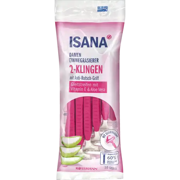 ISANA Damen Einwegrasierer 2-Klingen: Цвет: Produktbeschreibung und details Mit seidenglatter Haut perfekt gepflegt durch den Tag ISANA EINWEGRASIERER fr eine komfortable Rasur und grndliche Haarentfernung Die ISANA KLINGEN EINWEGRASIERER mit Schwingkopf und AntiRutschGriff ermglichen eine unkomplizierte und grndliche Rasur Die spezielle Doppelbeschichtung mit Keramik sorgt fr eine hohe Langlebigkeit der Klingen Der Gleitstreifen mit Vitamin E und Aloe Vera bildet in Verbindung mit Wasser einen Gleitfilm der auch auf empfindlicher Haut eine sanfte Rasur ermglicht mit AntiRutschGriff Gleitstreifen mit Vitamin E ampamp Aloe Vera mit Schwingkopf hergestellt aus   recyceltem Plastik Griff ohne Kopf Kontaktdaten Dirk Rossmann GmbH Isernhgener Str   Burgwedel wwwrossmannde UrsprungslandHerkunftsort EU Anwendung und Gebrauch Fr eine besonders grndliche Rasur Haut anfeuchten ISANA RASIERGEL oder RASIERSCHAUM auftragen und gleichmig auf der Haut verteilen Cremen Sie Ihre beanspruchte Haut nach der Rasur mit ISANA AFTER SHAVE BALSAM BODYMILK oder BODYLOTION ein Einwegrasierer sind ideal fr unterwegs geeignet Die Klingen ausschlielich unter flieendem Wasser reinigen  nicht abwischen Inhaltsstoffe PEGM PEGM PEG Cyclodextrin Tocopherol Aloe Barbadensis Leaf Juice Maltodextrin
https://www.rossmann.de/de/pflege-und-duft-isana-damen-einwegrasierer-2-klingen/p/4305615886787